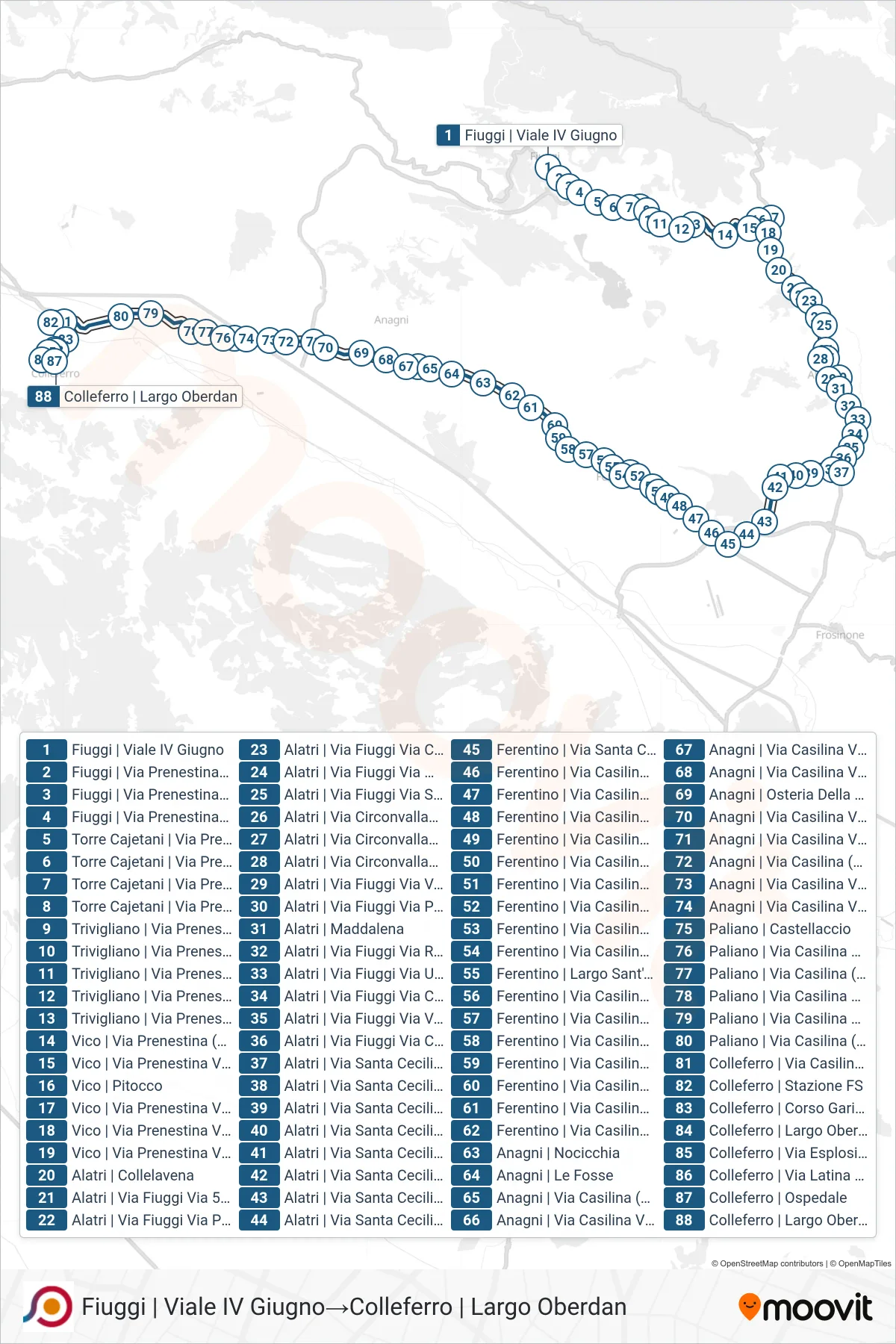 Linea COTRAL bus (Fiuggi | Viale IV Giugno→Colleferro | Largo Oberdan) - Percorsi e fermate sulla mappa