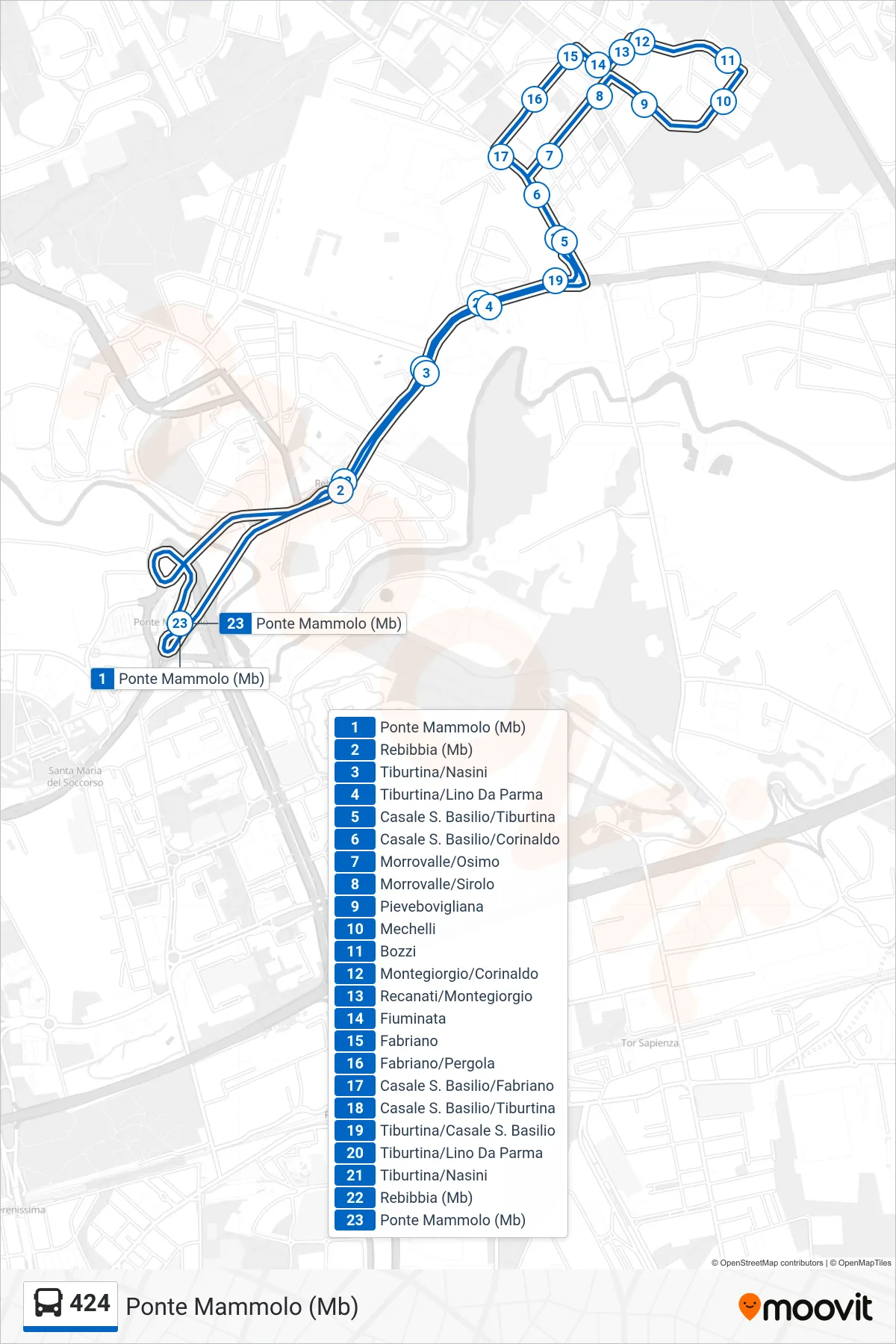 Linea 424 bus (Ponte Mammolo (Mb)) - Percorsi e fermate sulla mappa