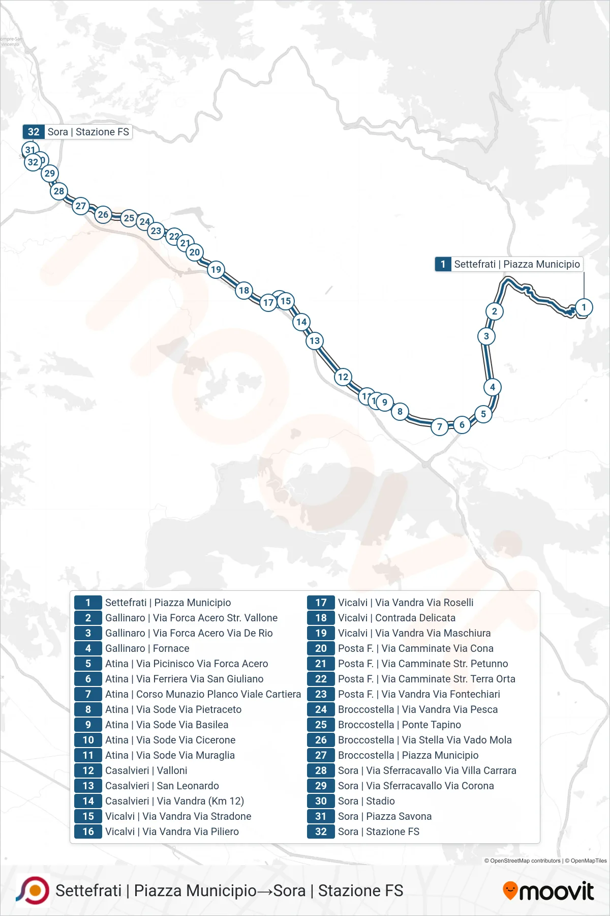 Linea COTRAL  bus (Settefrati | Piazza Municipio‎→Sora | Stazione FS) - Percorsi e fermate sulla mappa