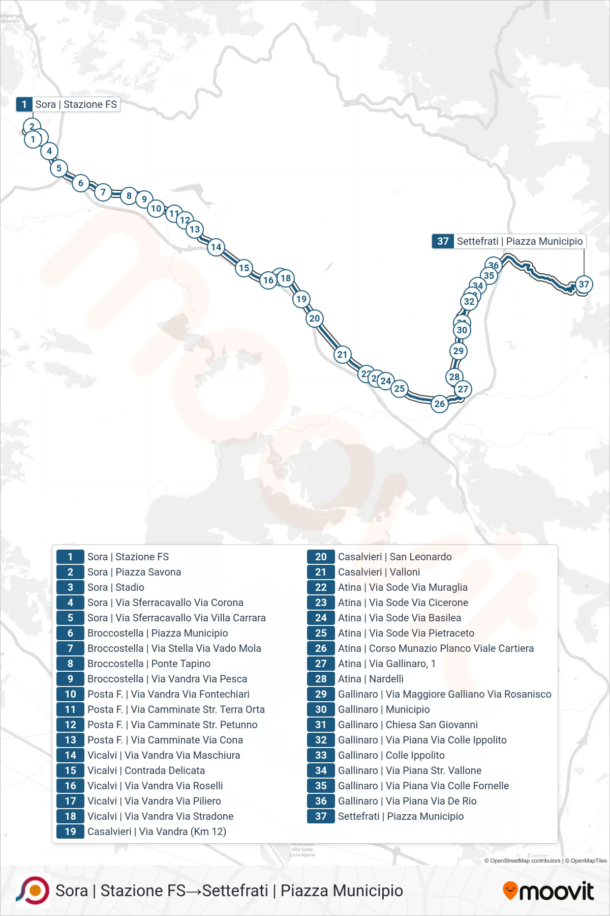 Linea COTRAL bus (Sora | Stazione FS→Settefrati | Piazza Municipio) - Percorsi e fermate sulla mappa