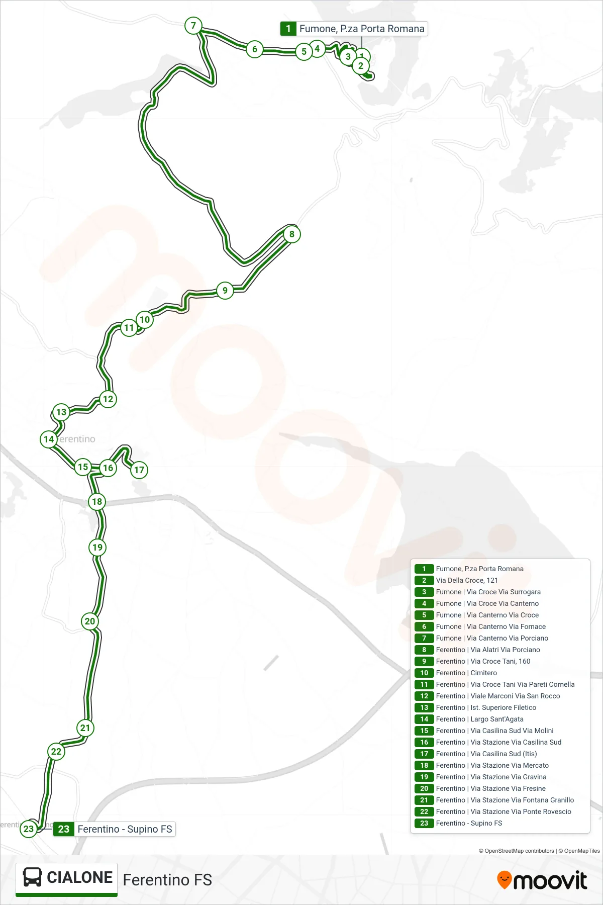 Linea CIALONE bus (Ferentino FS) - Percorsi e fermate sulla mappa