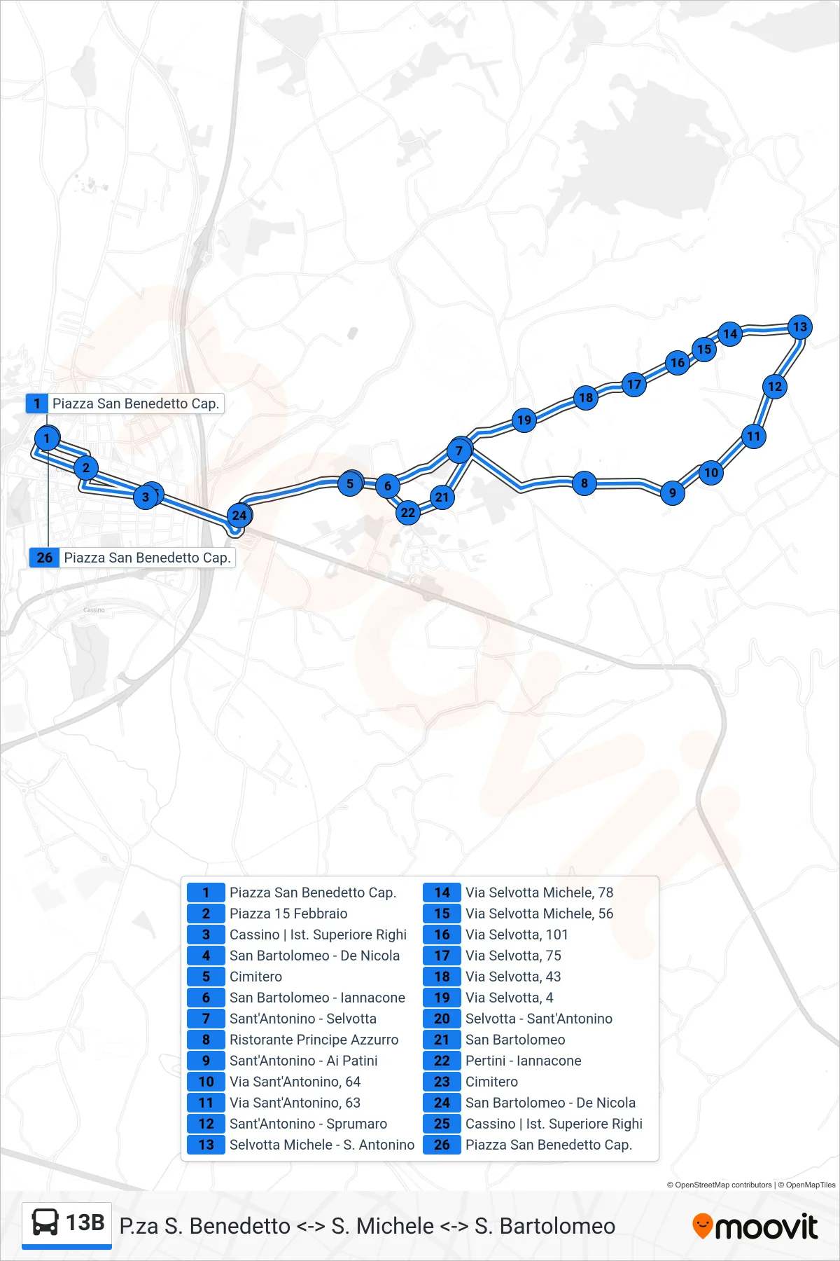 Linea 13B bus (P.za S. Benedetto <-> S. Michele <-> S. Bartolomeo) - Percorsi e fermate sulla mappa