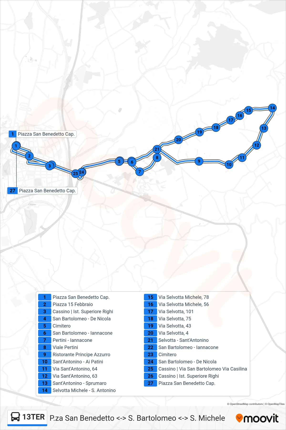 Linea 13TER bus (P.za San Benedetto <-> S. Bartolomeo <-> S. Michele) - Percorsi e fermate sulla mappa