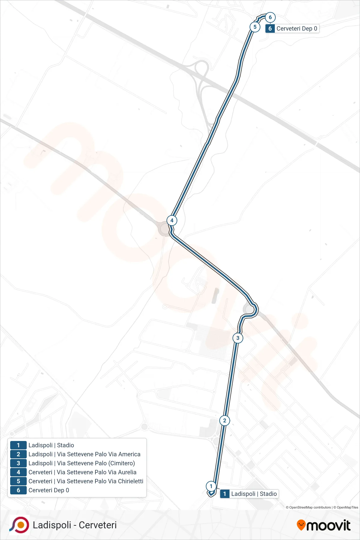 Linea COTRAL bus (Ladispoli | Stadio→Cerveteri Dep 0) - Percorsi e fermate sulla mappa