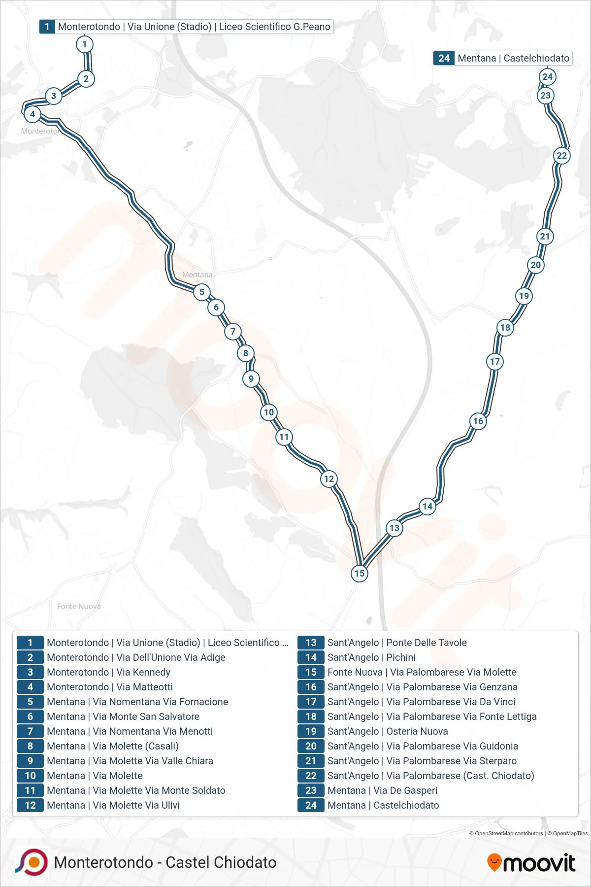 Linea COTRAL bus (Monterotondo | Via Unione (Stadio) | Liceo Scientifico G.Peano→Mentana | Castelchiodato) - Percorsi e fermate sulla mappa