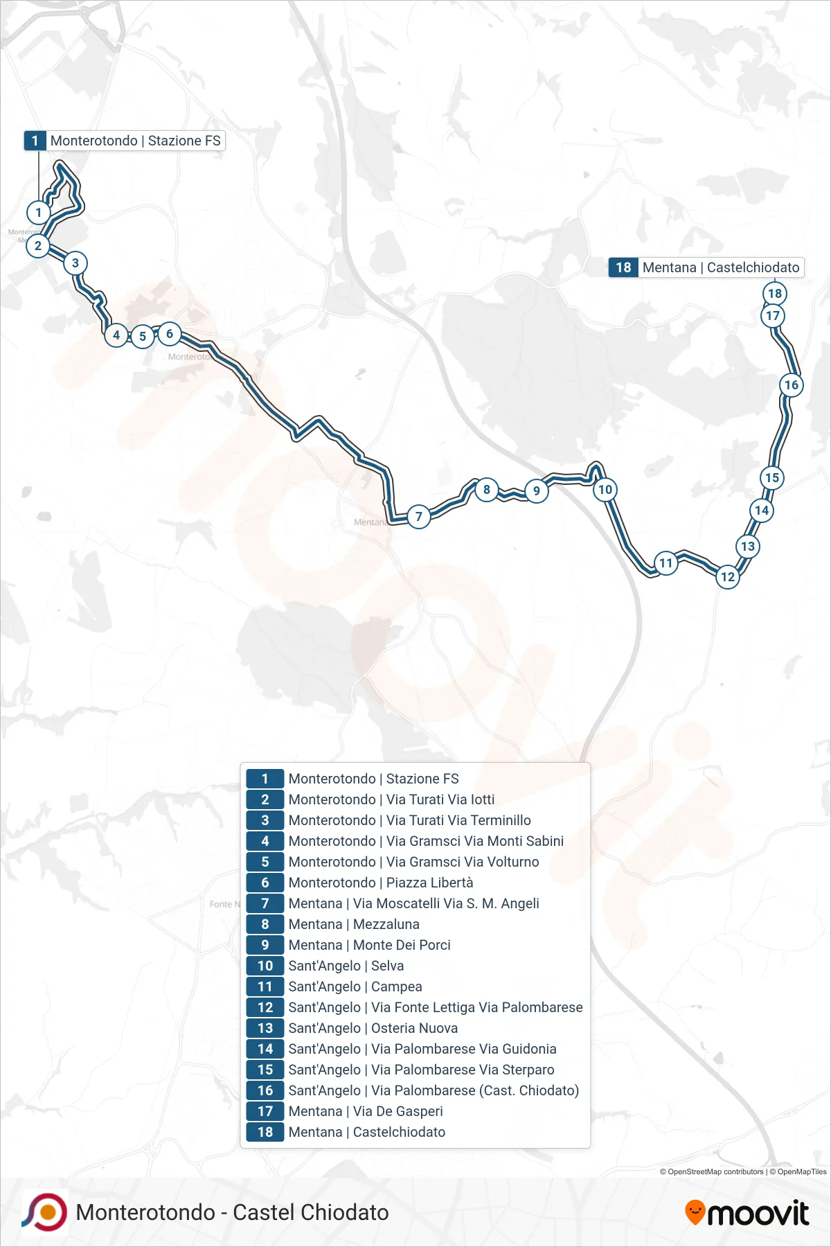 Linea COTRAL bus (Monterotondo | Stazione FS→Mentana | Castelchiodato) - Percorsi e fermate sulla mappa