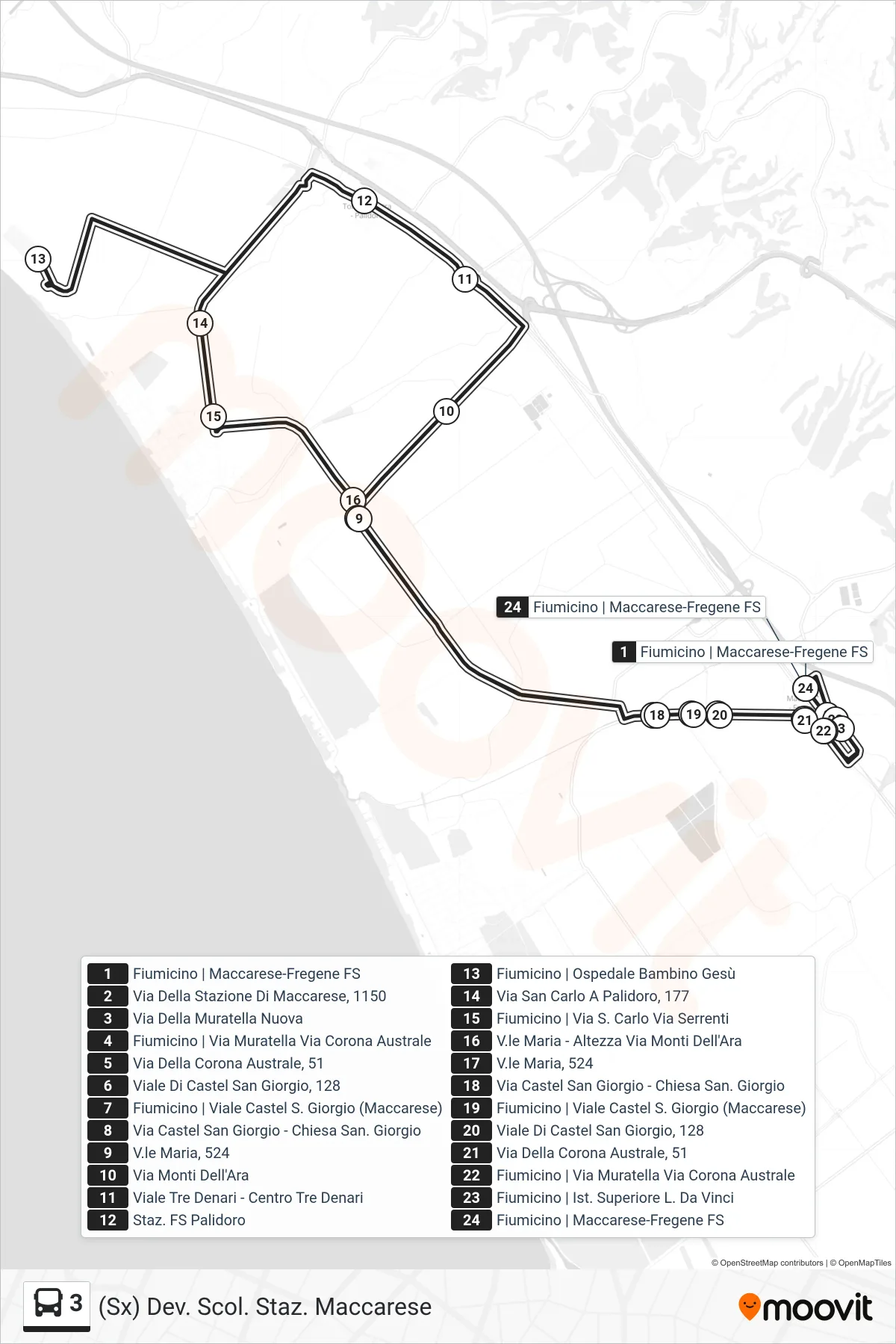 Linea 3 bus ((Sx) Dev. Scol. Staz. Maccarese) - Percorsi e fermate sulla mappa