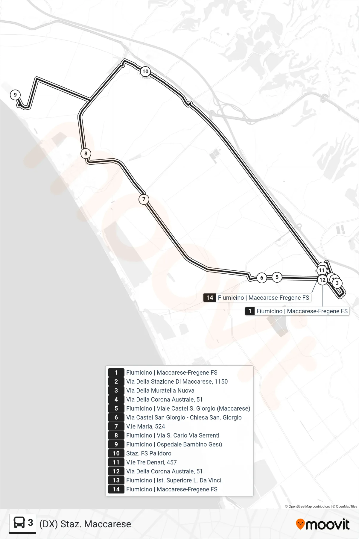 Linea 3 bus ((DX) Staz. Maccarese) - Percorsi e fermate sulla mappa