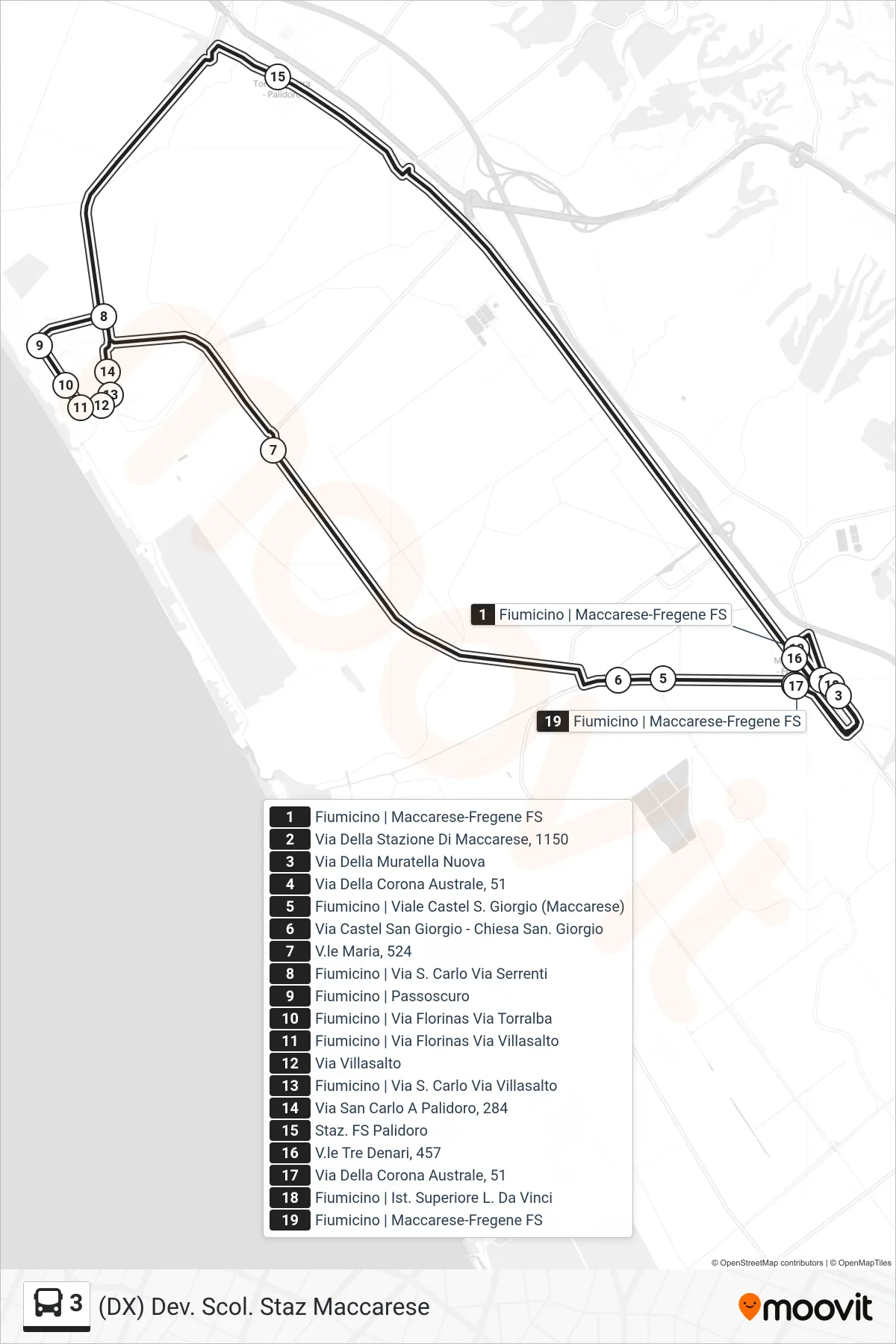Linea 3 bus ((DX) Dev. Scol. Staz Maccarese) - Percorsi e fermate sulla mappa