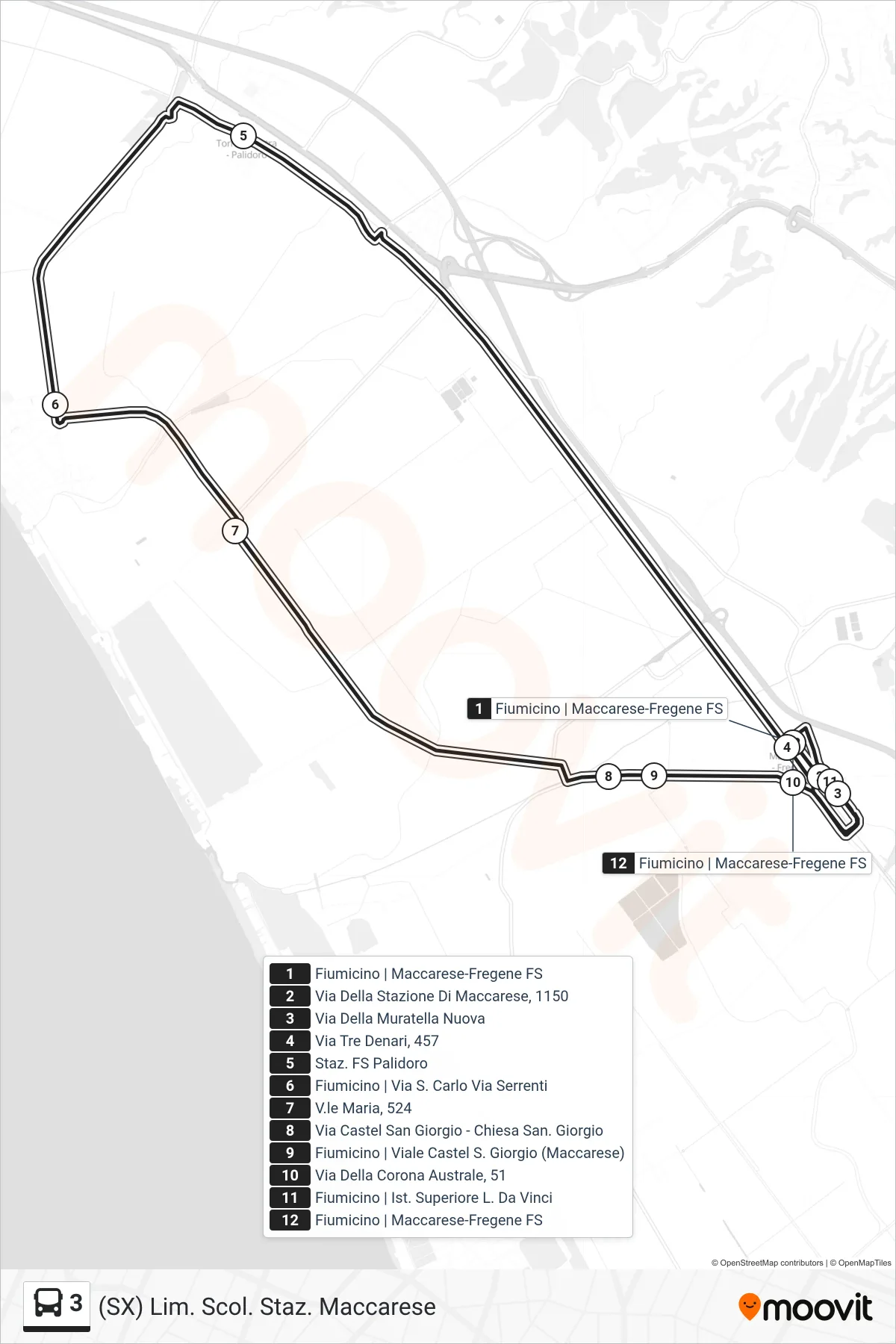 Linea 3 bus ((SX) Lim. Scol. Staz. Maccarese) - Percorsi e fermate sulla mappa