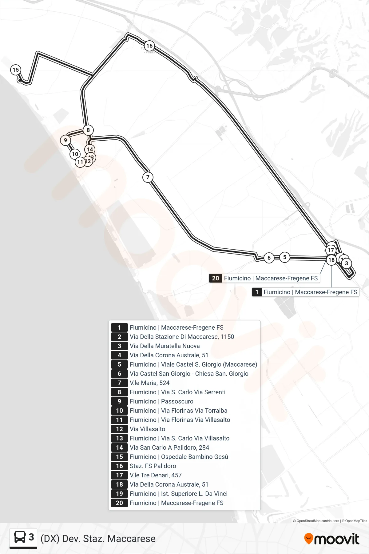 Linea 3 bus ((DX) Dev. Staz. Maccarese) - Percorsi e fermate sulla mappa