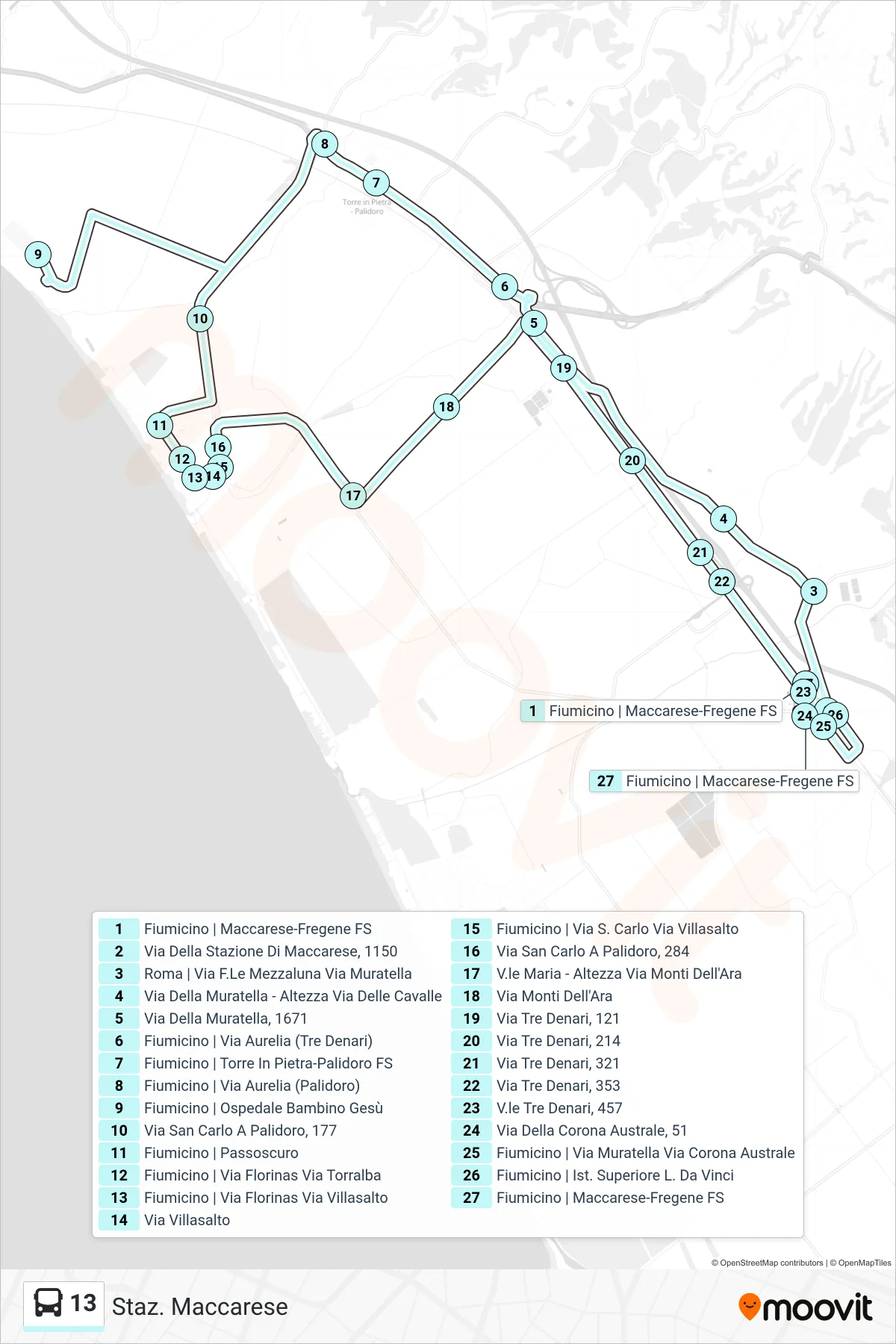 Linea 13 bus (Staz. Maccarese) - Percorsi e fermate sulla mappa