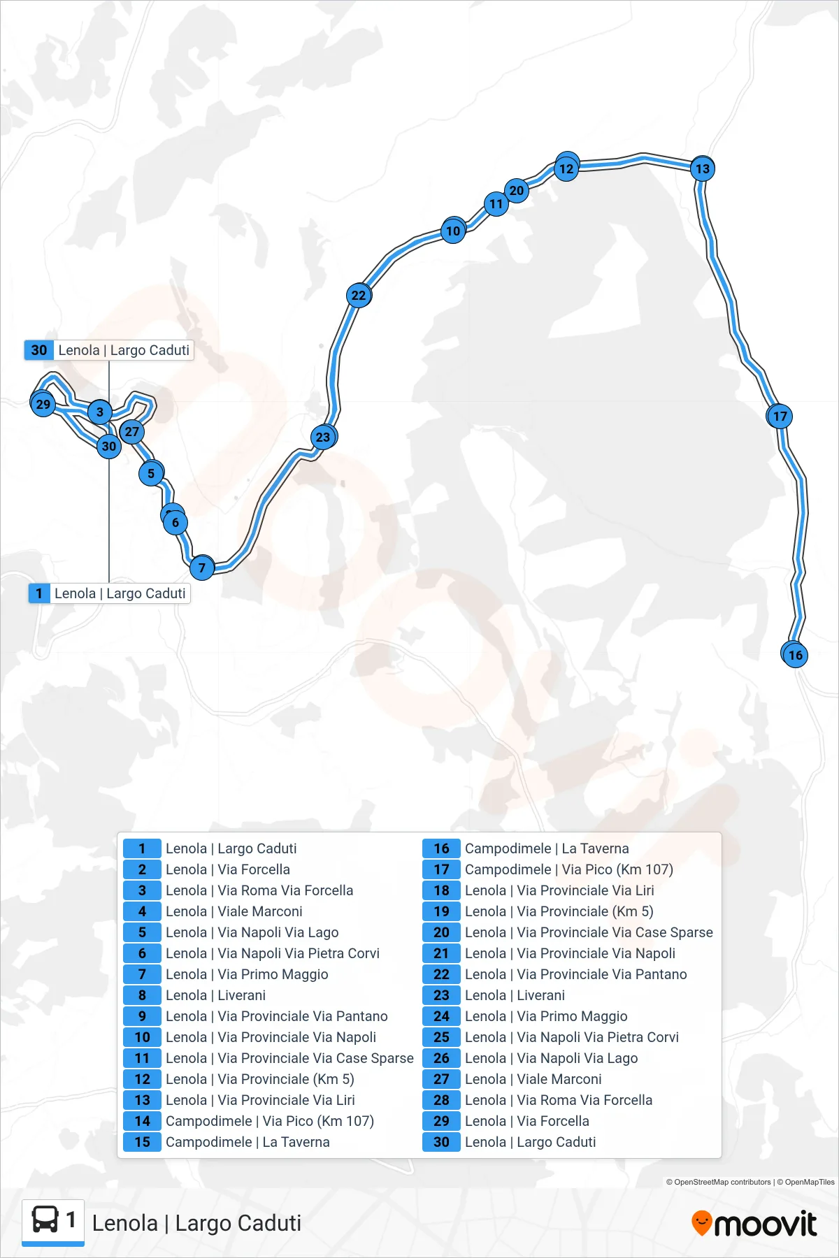Linea 1 bus (Lenola | Largo Caduti) - Percorsi e fermate sulla mappa