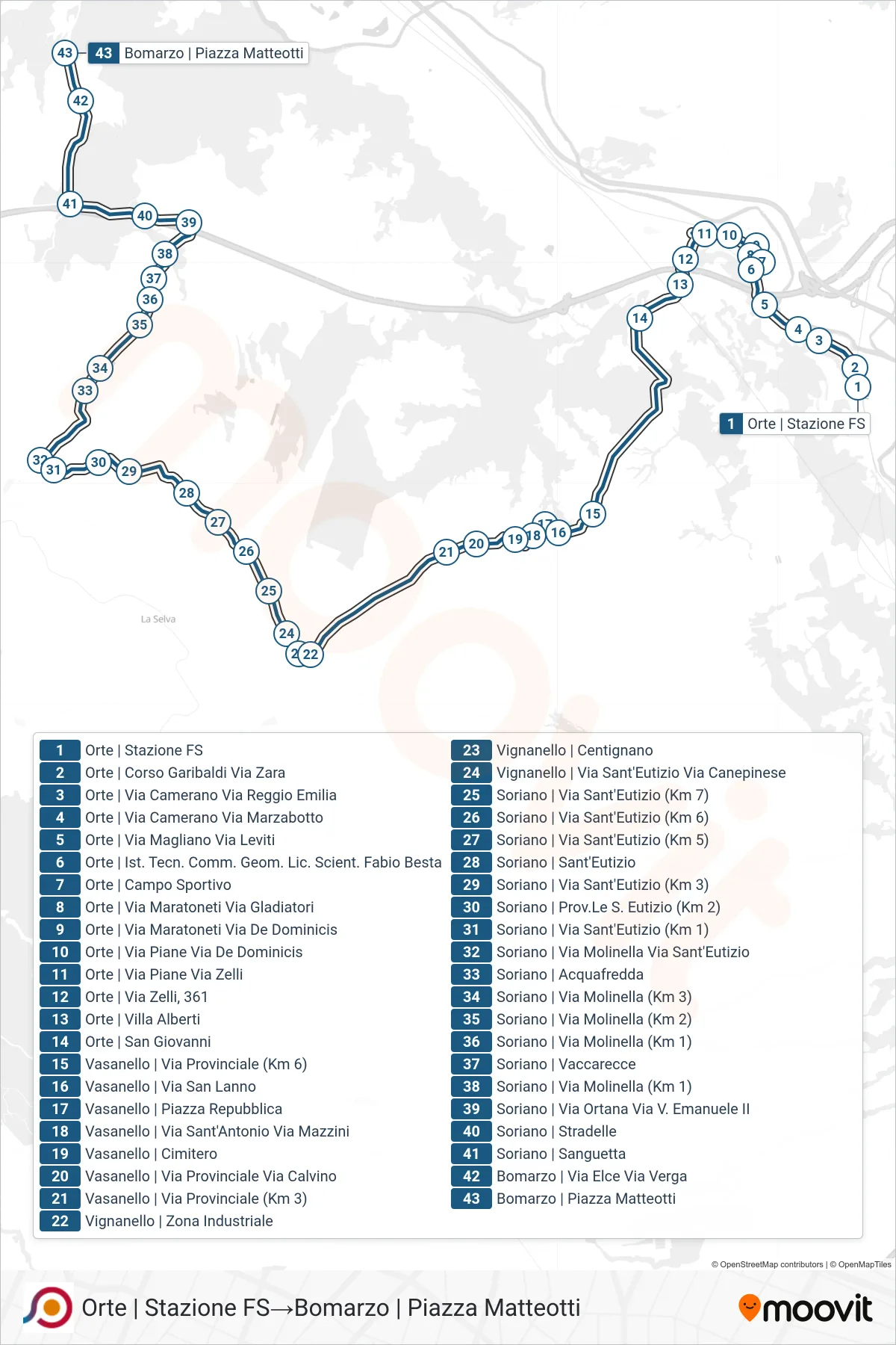 Linea COTRAL bus (Orte | Stazione FS→Bomarzo | Piazza Matteotti) - Percorsi e fermate sulla mappa
