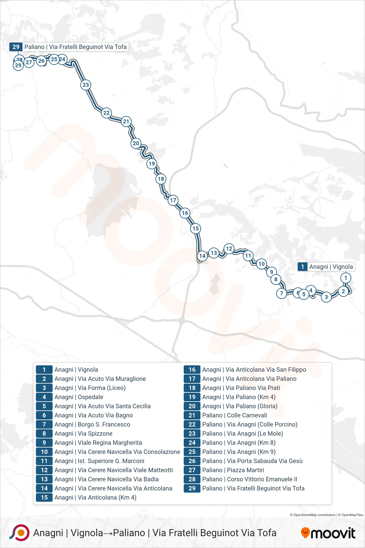 Linea COTRAL bus (Anagni | Vignola→Paliano | Via Fratelli Beguinot Via Tofa) - Percorsi e fermate sulla mappa
