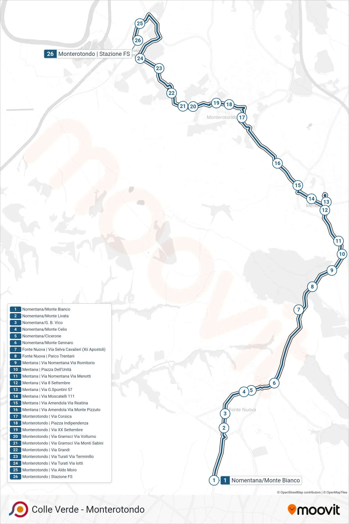 Linea COTRAL bus (Guidonia | Via Nomentana (Colleverde)→Monterotondo | Stazione FS) - Percorsi e fermate sulla mappa