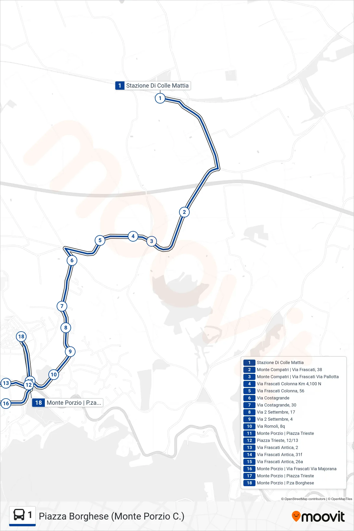 Linea 1 bus (Piazza Borghese (Monte Porzio C.)) - Percorsi e fermate sulla mappa