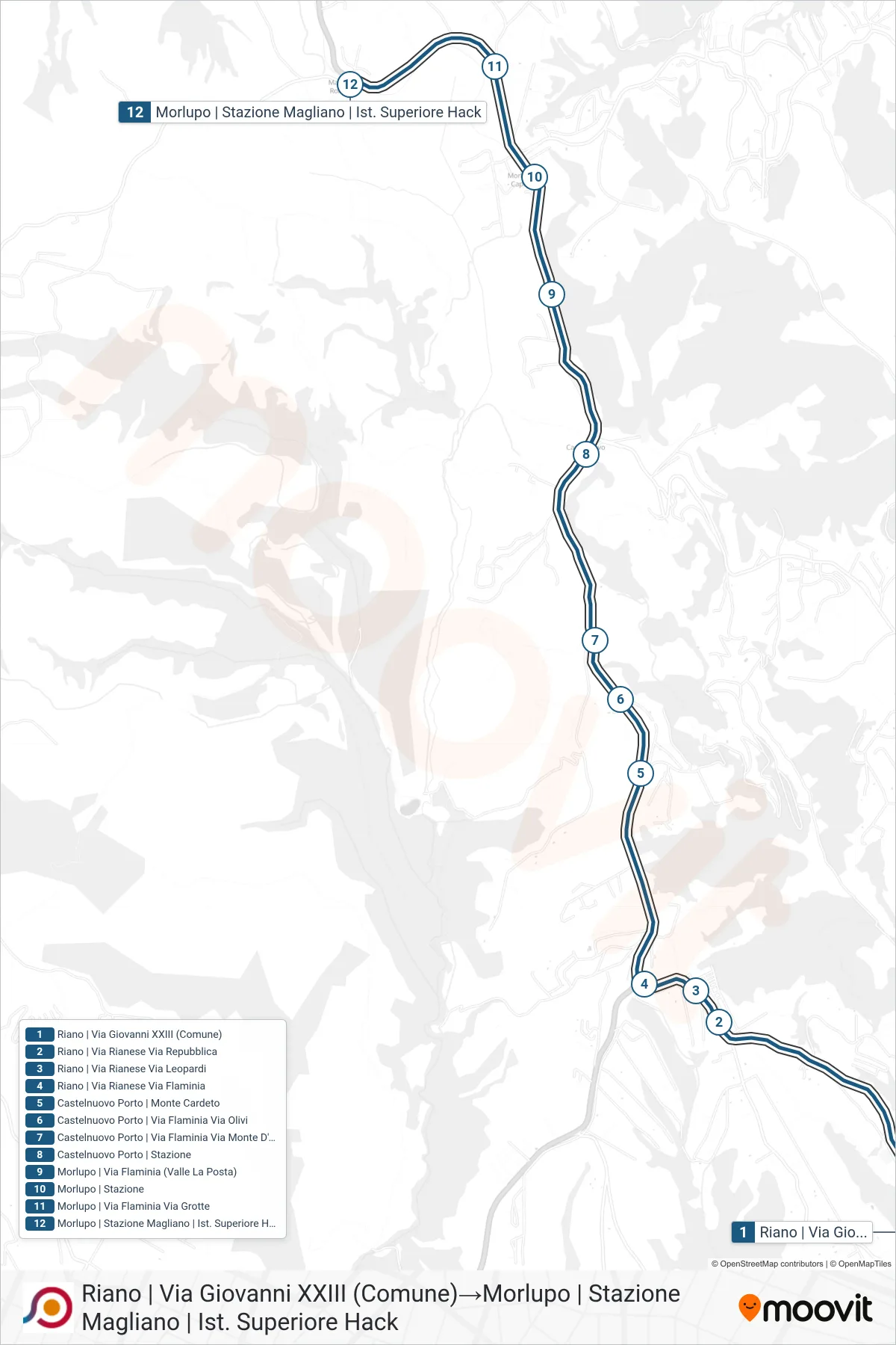 Linea COTRAL bus (Riano | Via Giovanni XXIII (Comune)→Morlupo | Stazione Magliano | Ist. Superiore Hack) - Percorsi e fermate sulla mappa