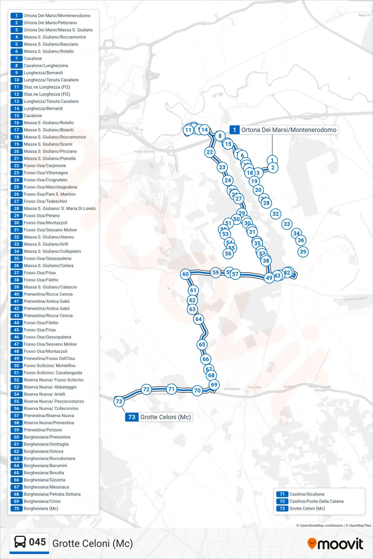 Linea 045 bus (Grotte Celoni (Mc)) - Percorsi e fermate sulla mappa