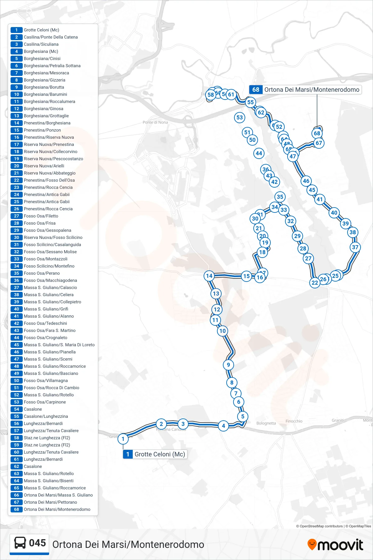 Linea 045 bus (Ortona Dei Marsi/Montenerodomo) - Percorsi e fermate sulla mappa
