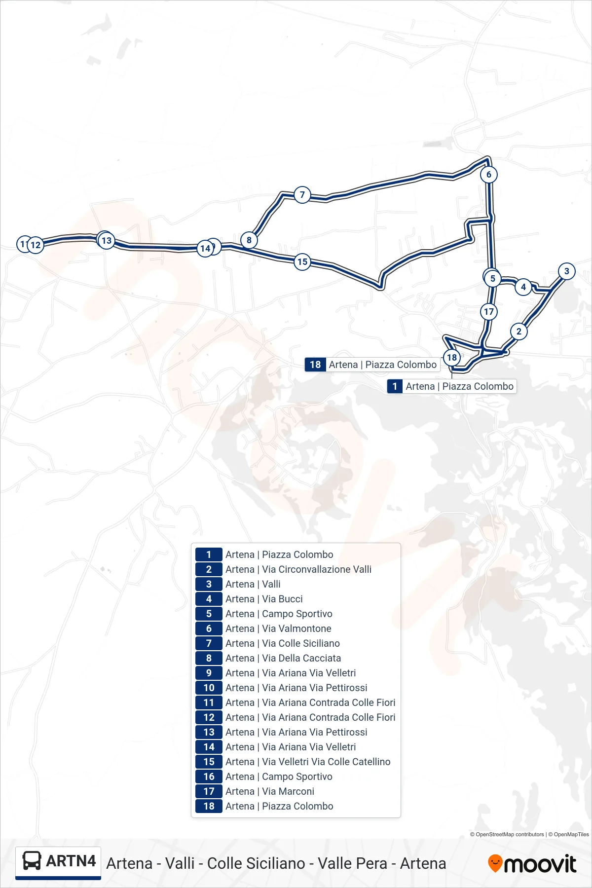 Linea ARTN4 bus (Artena - Valli - Colle Siciliano - Valle Pera - Artena) - Percorsi e fermate sulla mappa