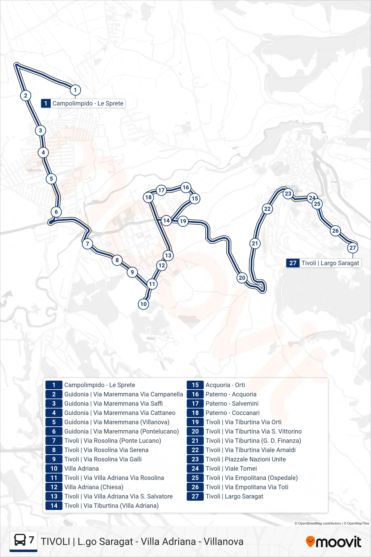 Linea 7 bus (Tivoli | Largo Saragat) - Percorsi e fermate sulla mappa