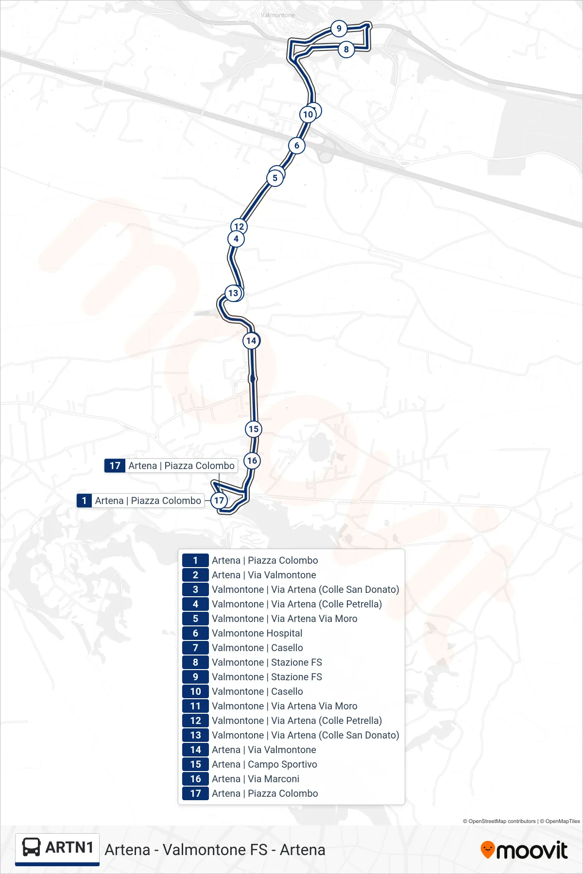 Linea ARTN1  bus (Artena - Valmontone FS - Artena) - Percorsi e fermate sulla mappa