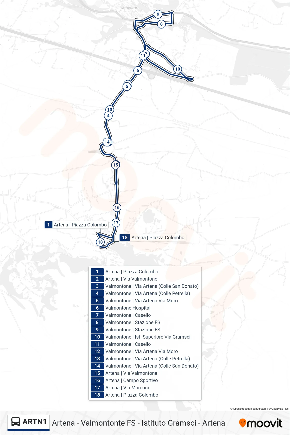Linea ARTN1 bus (Artena - Valmontonte FS - Istituto Gramsci - Artena) - Percorsi e fermate sulla mappa