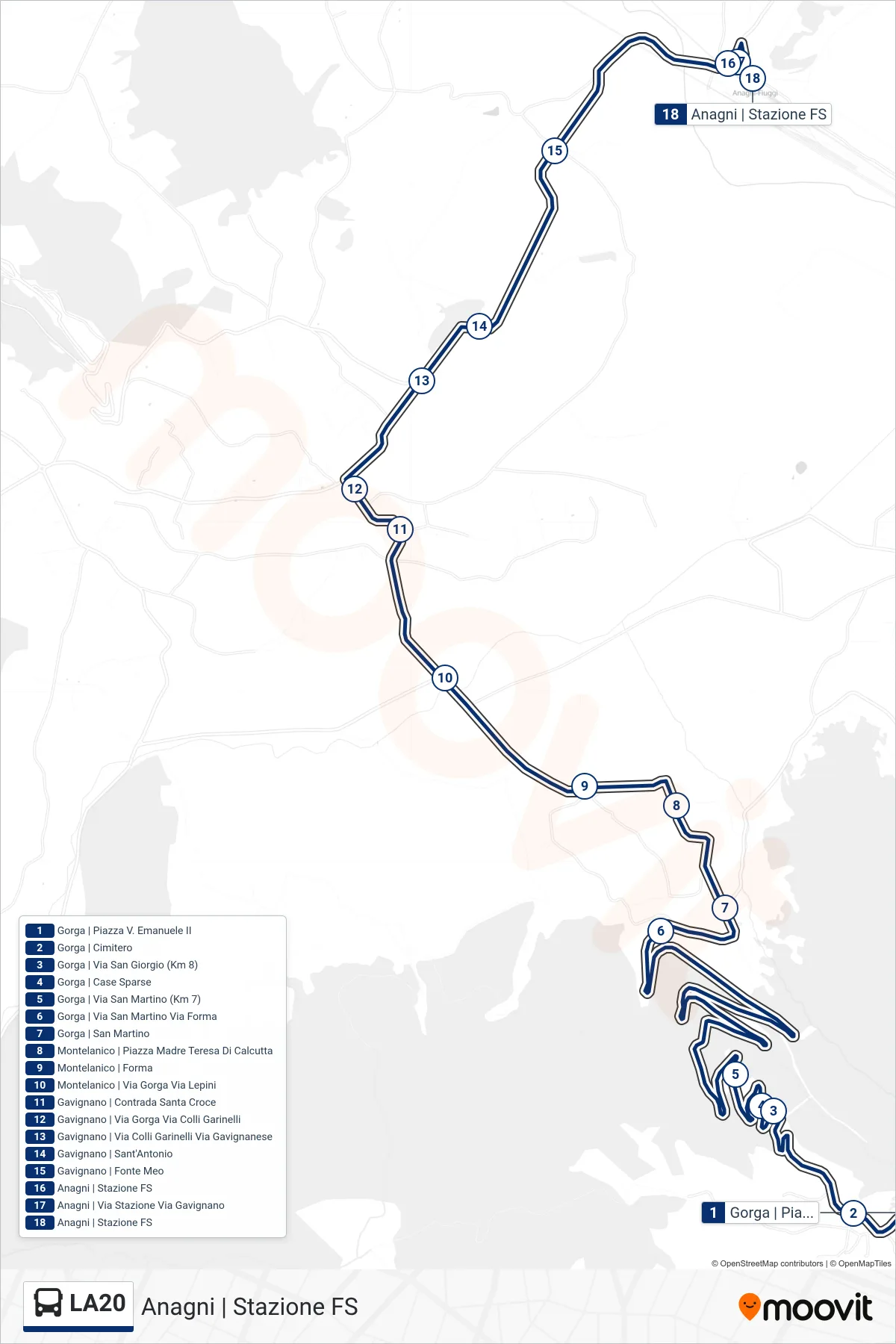 LA20 bus Line (Anagni | Railway Station) route and stops on a map