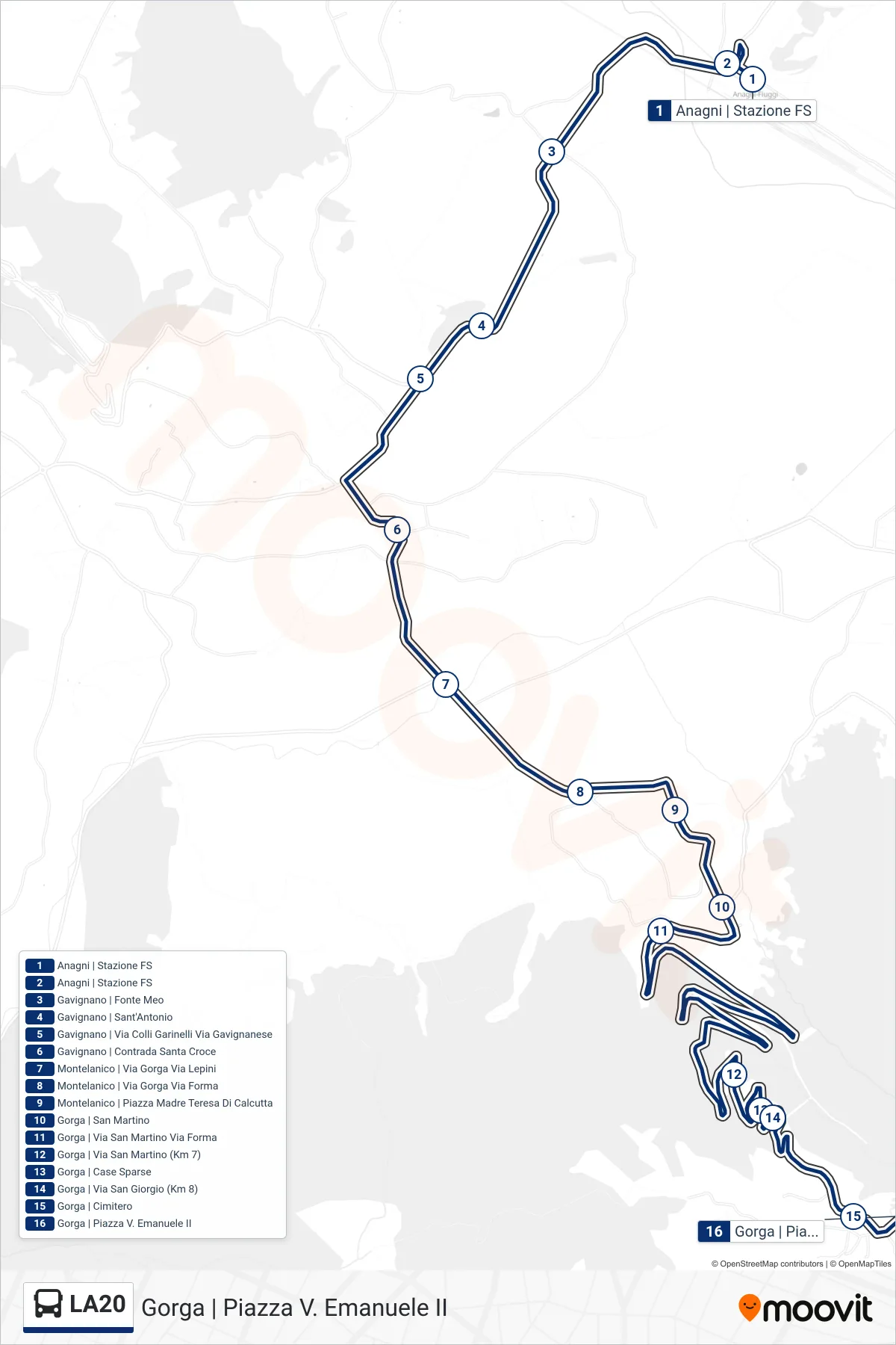 Linea LA20 bus (Gorga | Piazza V. Emanuele II) - Percorsi e fermate sulla mappa