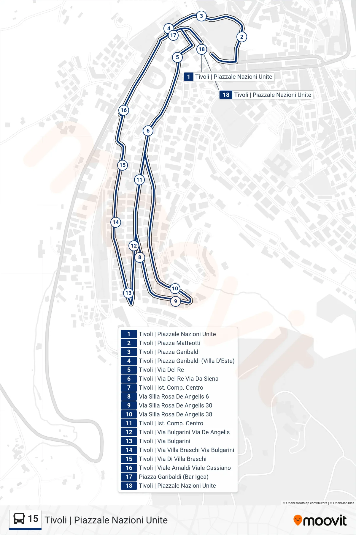 Linea 15 bus (Tivoli | Piazzale Nazioni Unite) - Percorsi e fermate sulla mappa