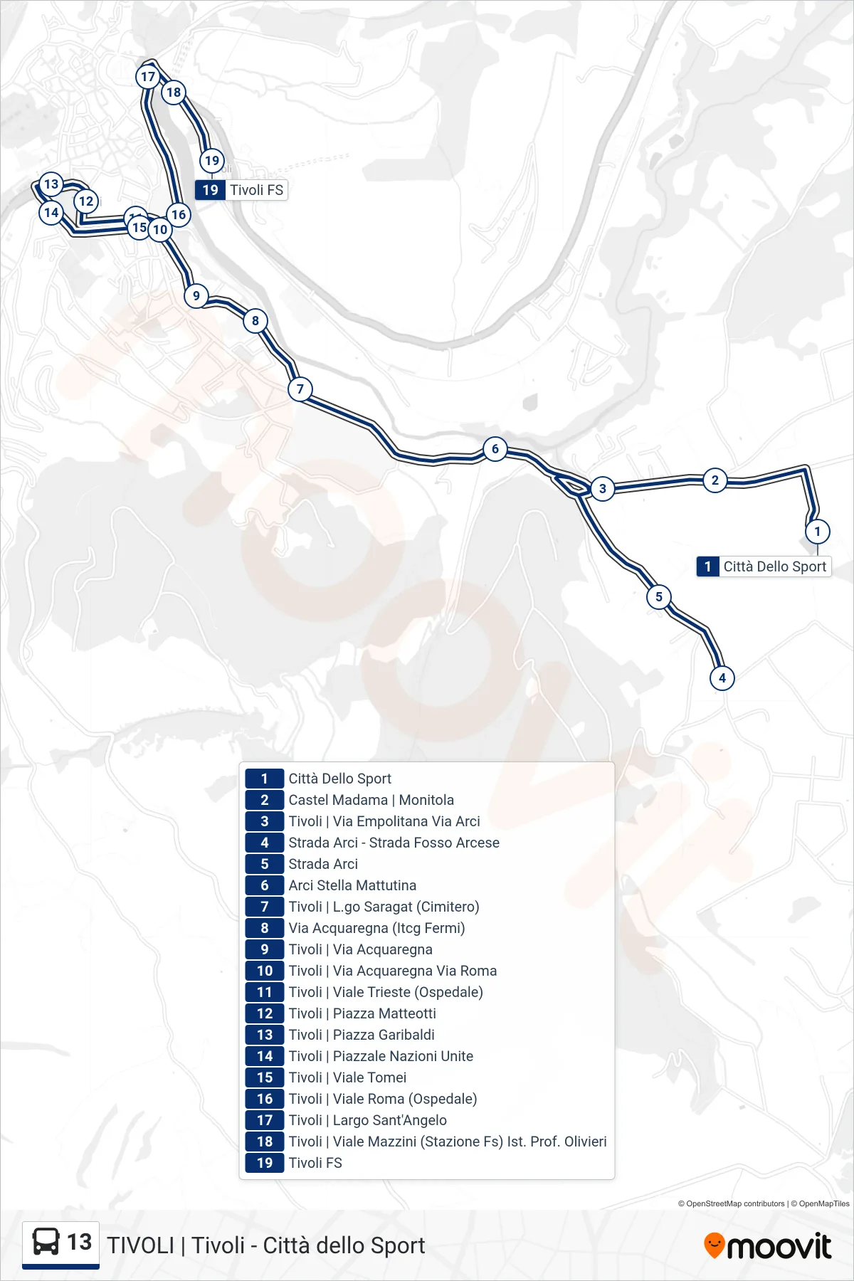13 bus Line (Tivoli | Train Station) route and stops on a map