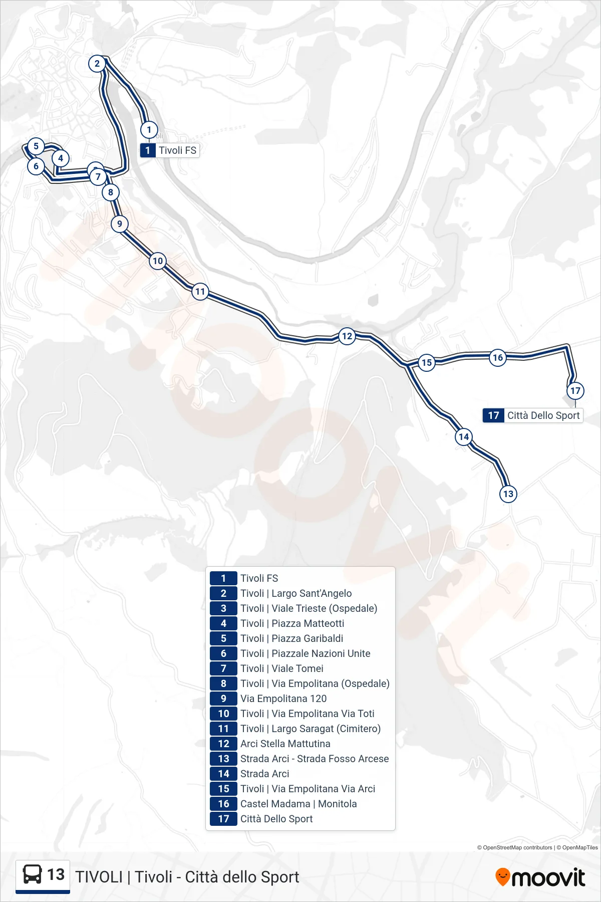 Linea 13 bus (Tivoli | Città dello Sport) - Percorsi e fermate sulla mappa