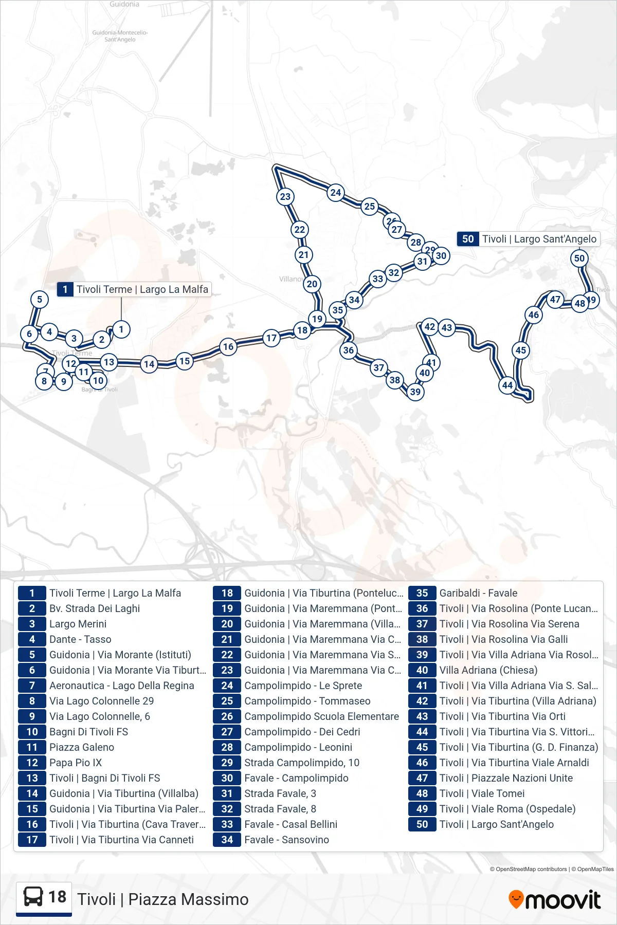 Linea 18 bus (Tivoli | Piazza Massimo) - Percorsi e fermate sulla mappa