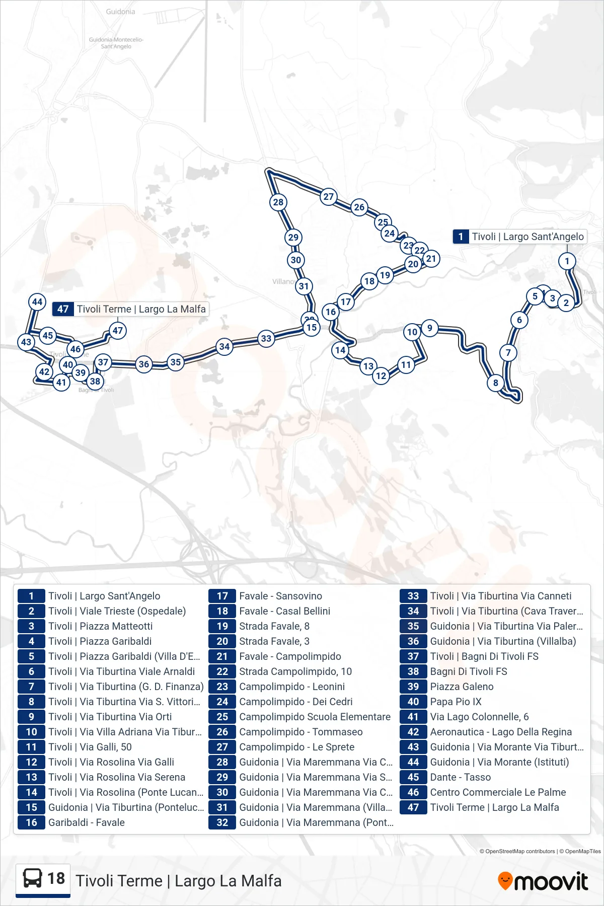 18 bus Line (Tivoli Terme | Largo La Malfa) route and stops on a map