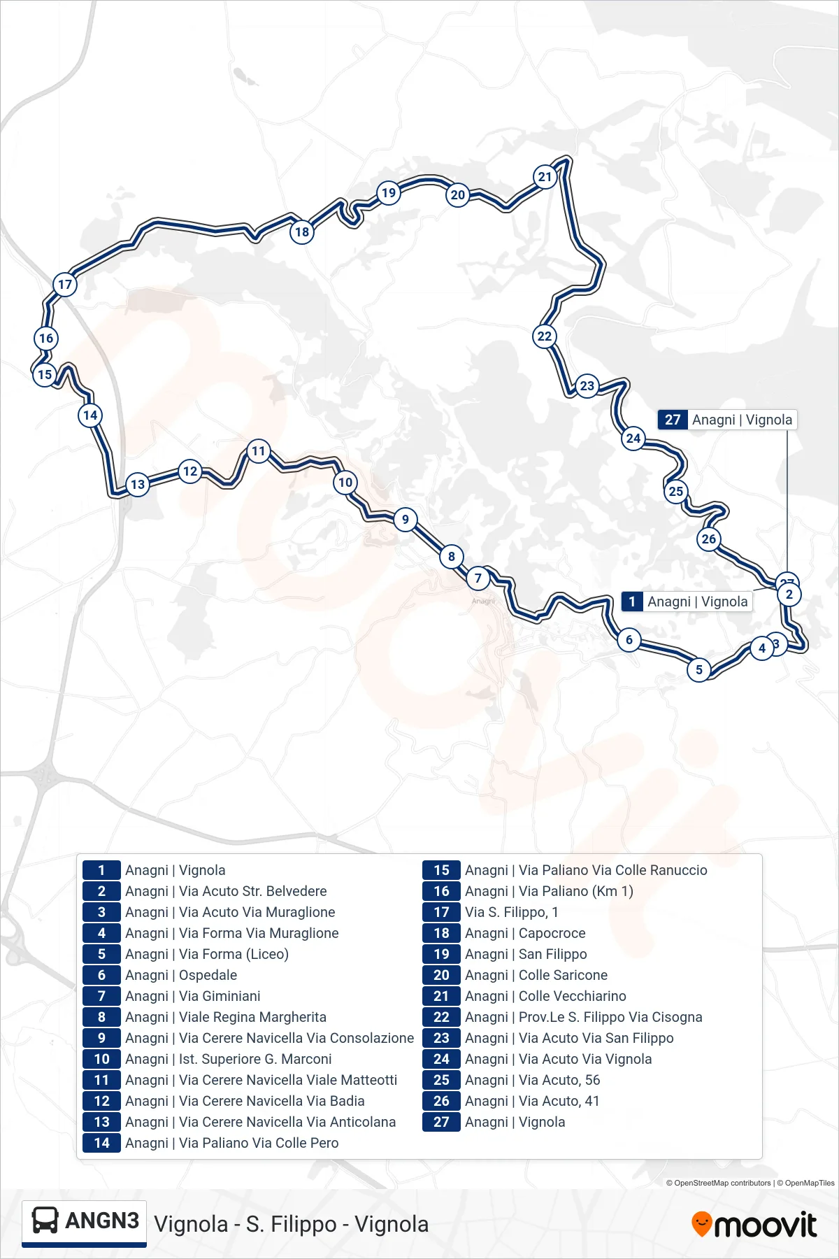 Linea ANGN3 bus (Vignola - S. Filippo - Vignola) - Percorsi e fermate sulla mappa