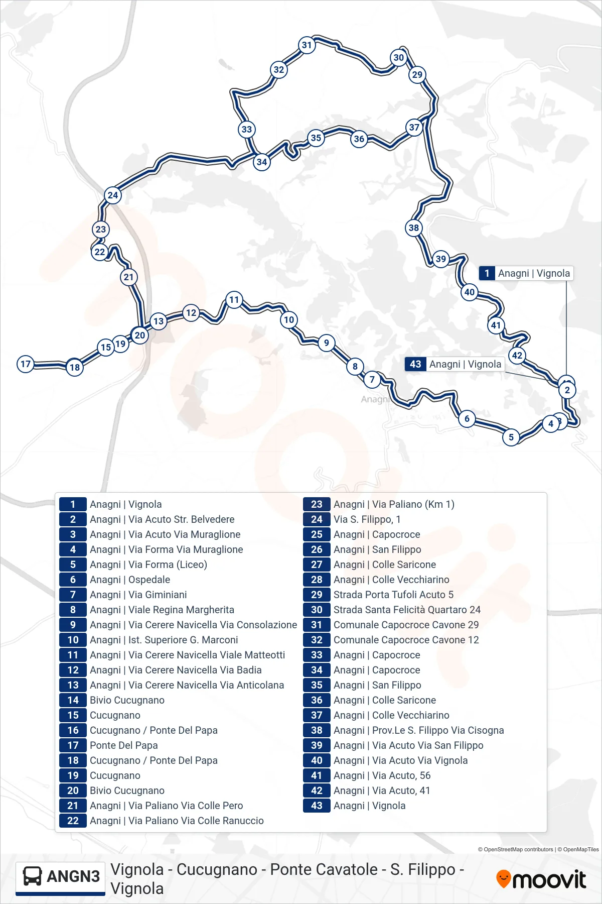 Linea ANGN3 bus (Vignola - Cucugnano - Ponte Cavatole - S. Filippo - Vignola) - Percorsi e fermate sulla mappa