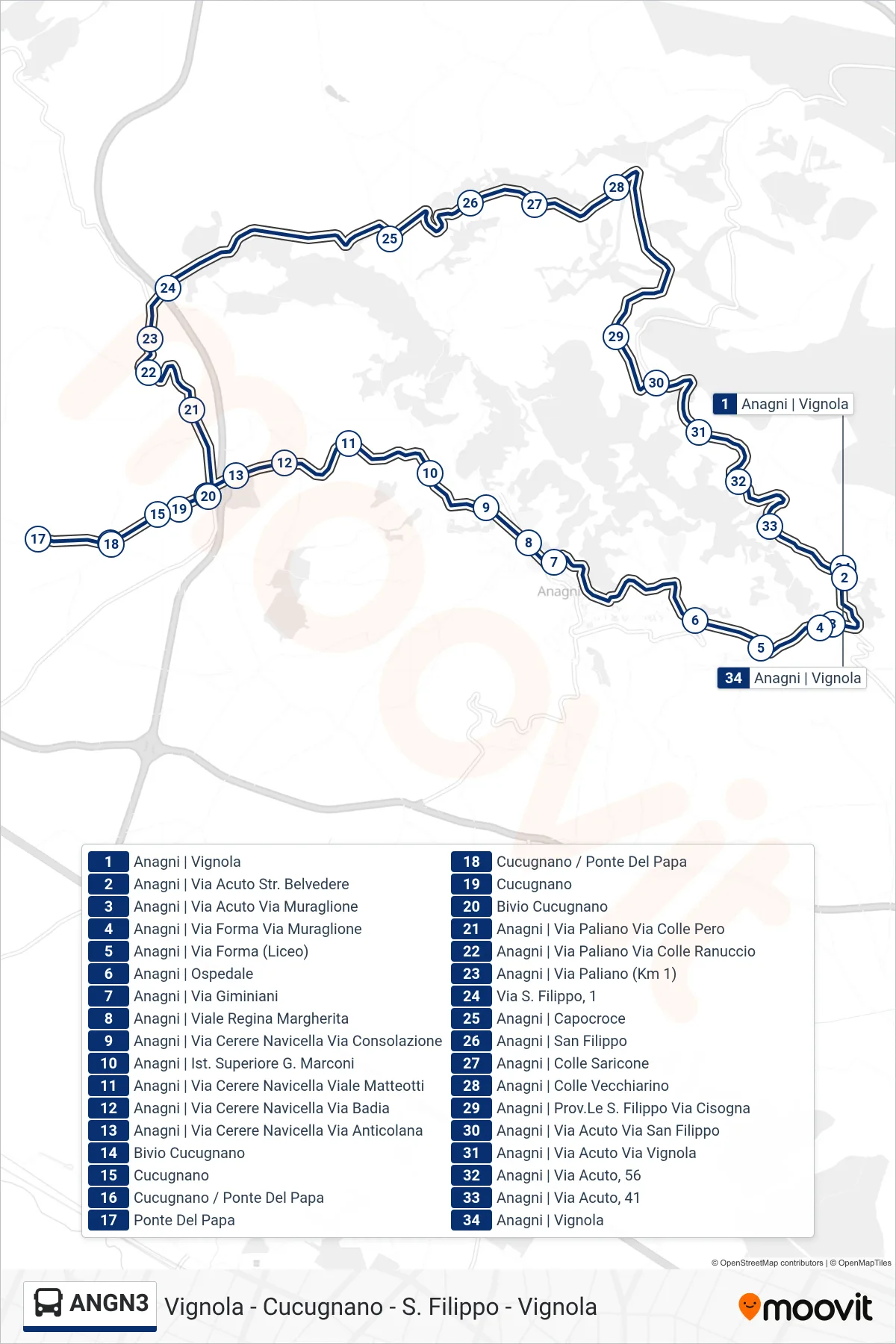 Linea ANGN3 bus (Vignola - Cucugnano - S. Filippo - Vignola) - Percorsi e fermate sulla mappa