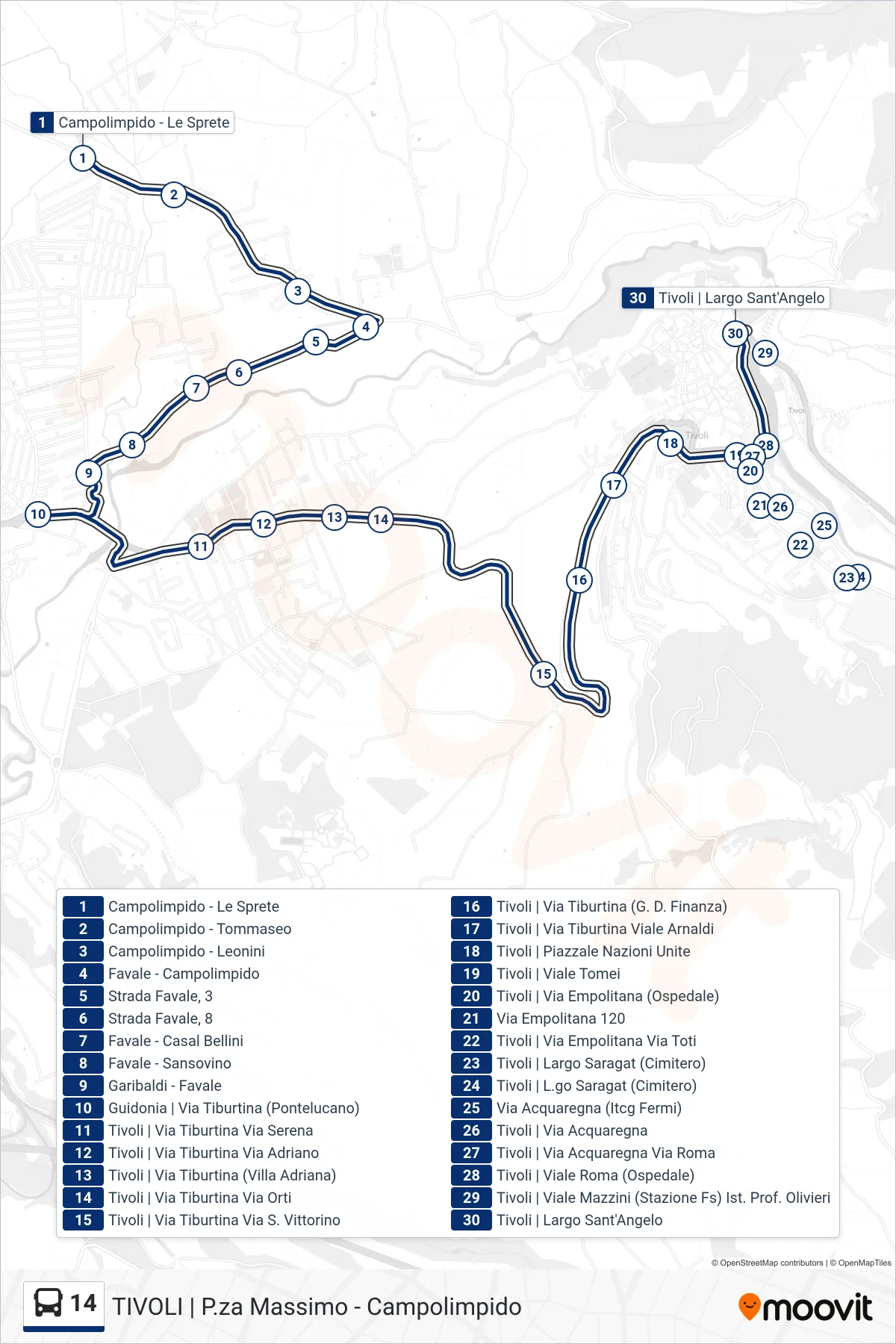 Linea 14 bus (Tivoli | Piazza Massimo) - Percorsi e fermate sulla mappa
