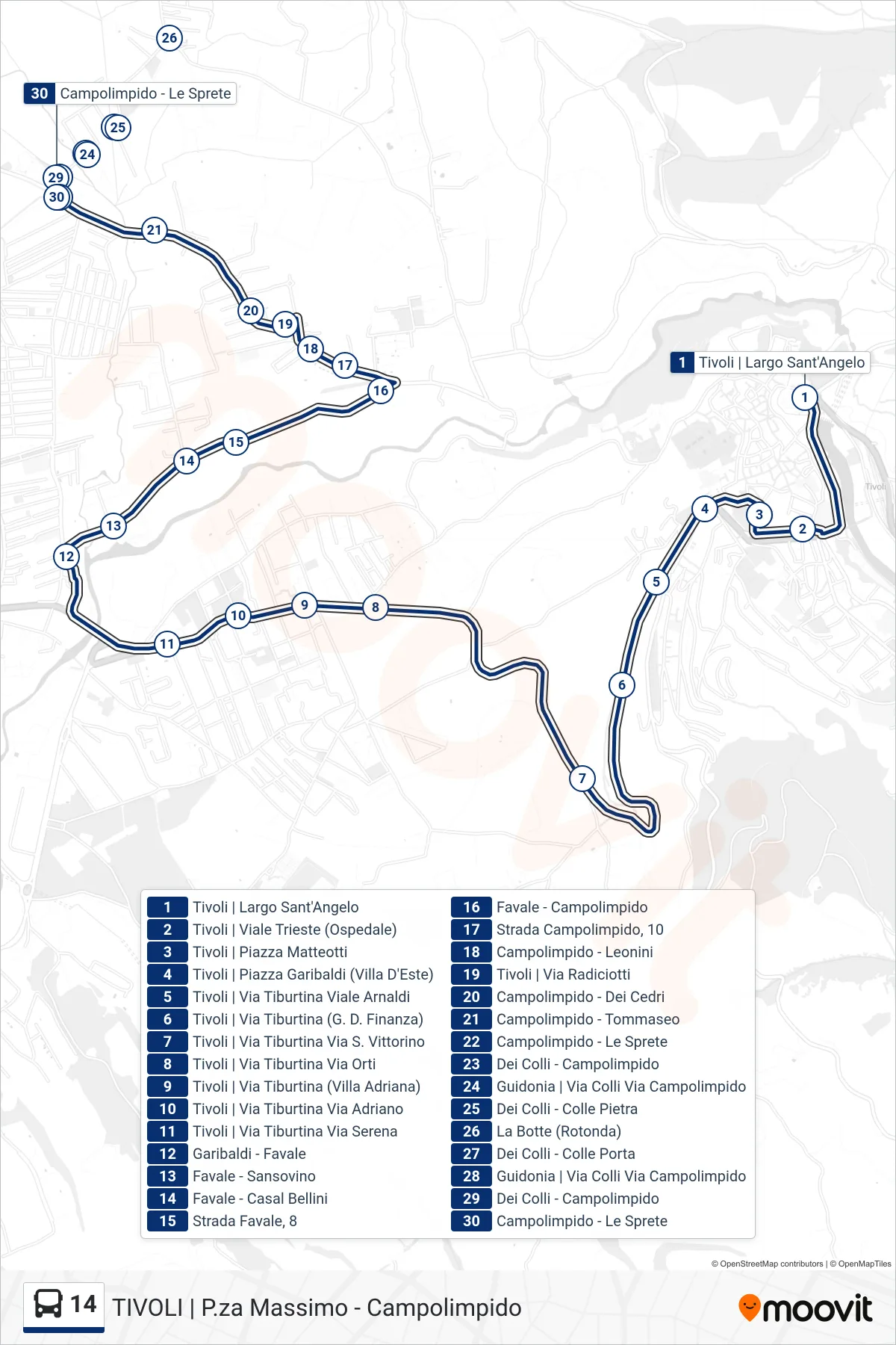 Linea 14  bus (Colle Nocello - Campolimpido) - Percorsi e fermate sulla mappa