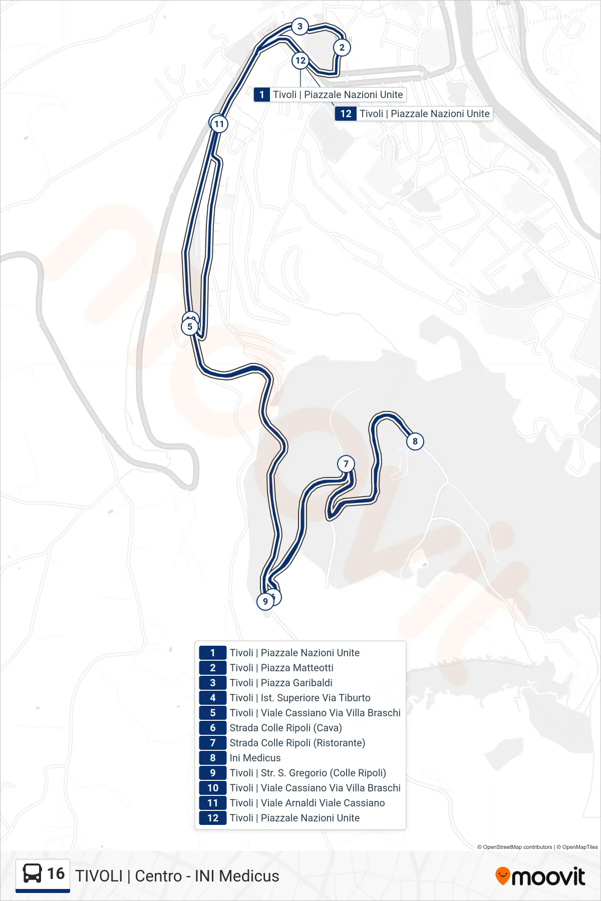 Linea 16 bus (Tivoli | INI Medicus - Nazioni Unite) - Percorsi e fermate sulla mappa