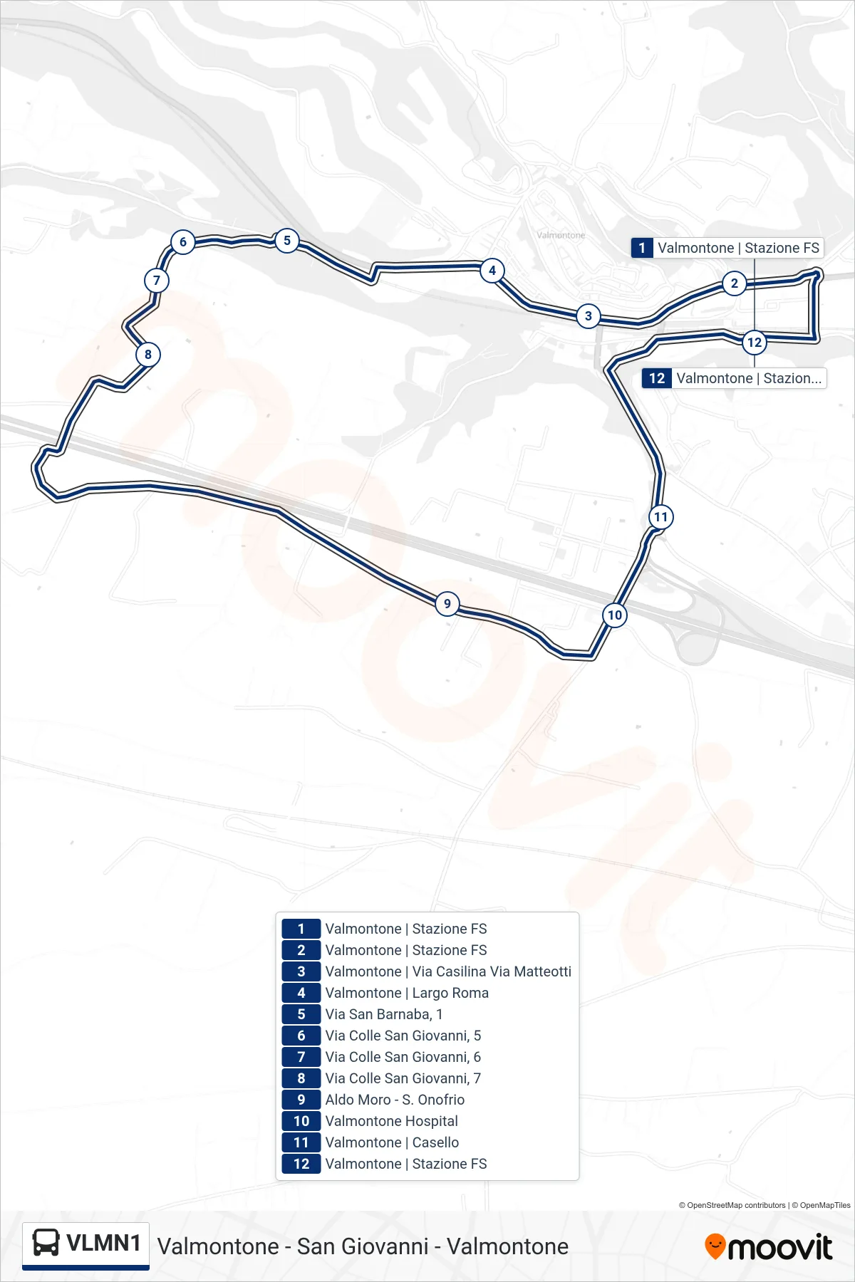 Linea VLMN1  bus (Valmontone - San Giovanni - Valmontone) - Percorsi e fermate sulla mappa