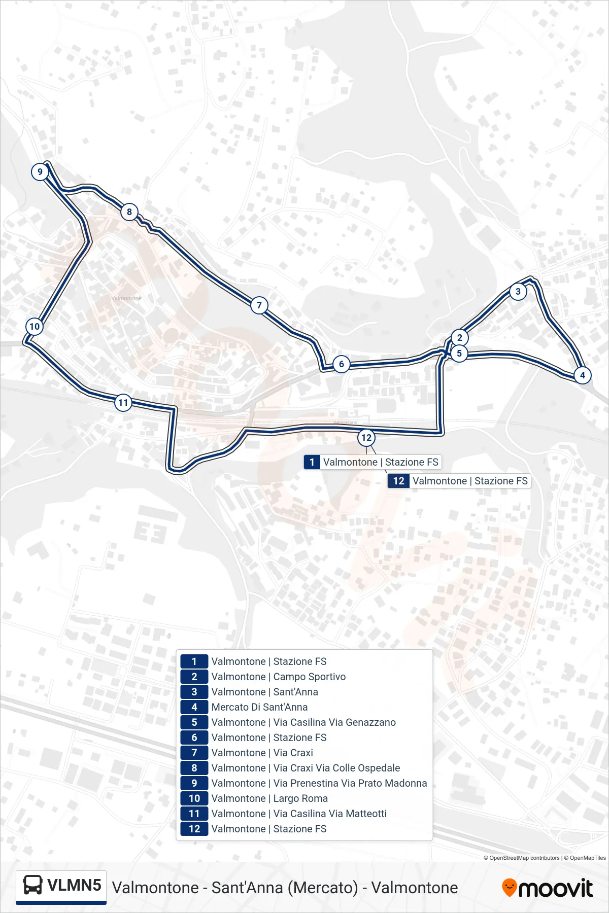 Linea VLMN5  bus (Valmontone - Sant'Anna (Mercato) - Valmontone) - Percorsi e fermate sulla mappa
