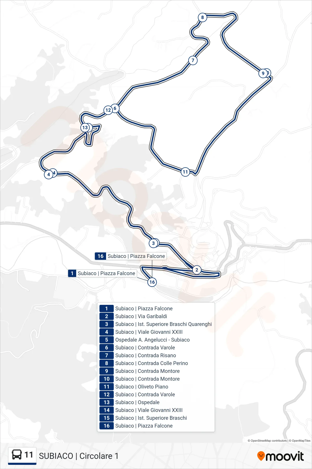 11 bus Line (Subiaco Circular 1) route and stops on a map