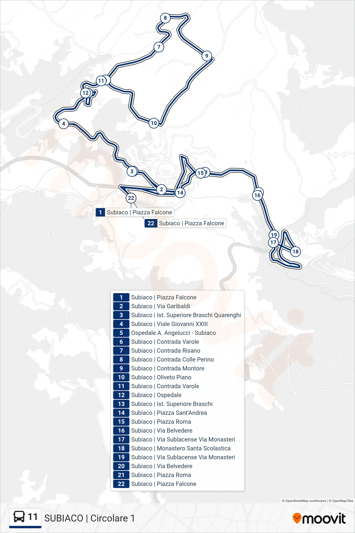 11 bus Line (Subiaco Circular 1) route and stops on a map