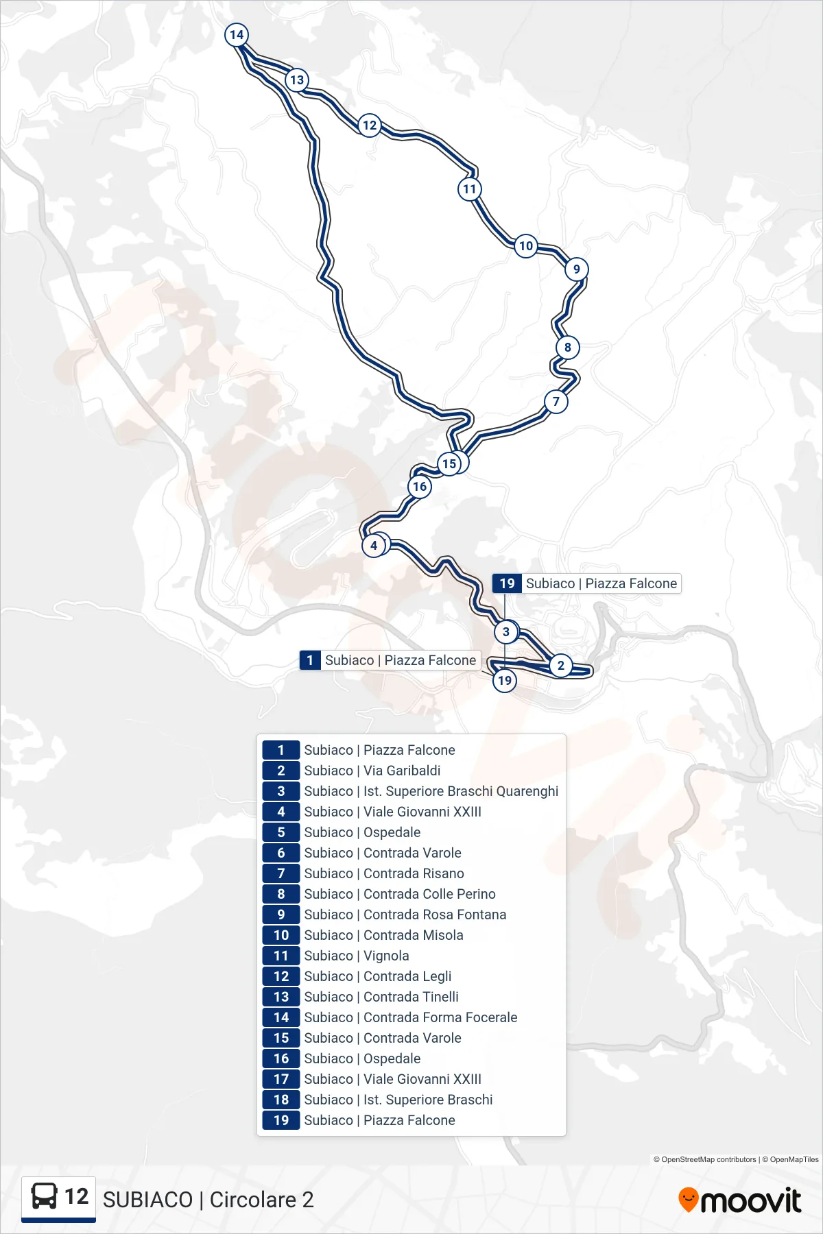 Linea 12  bus (SUBIACO | Circolare 2) - Percorsi e fermate sulla mappa