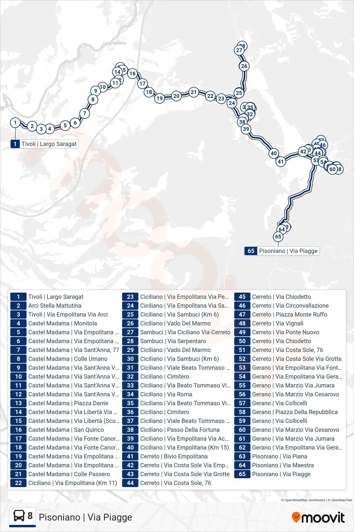 Linea 8 bus (Pisoniano | Via Piagge) - Percorsi e fermate sulla mappa