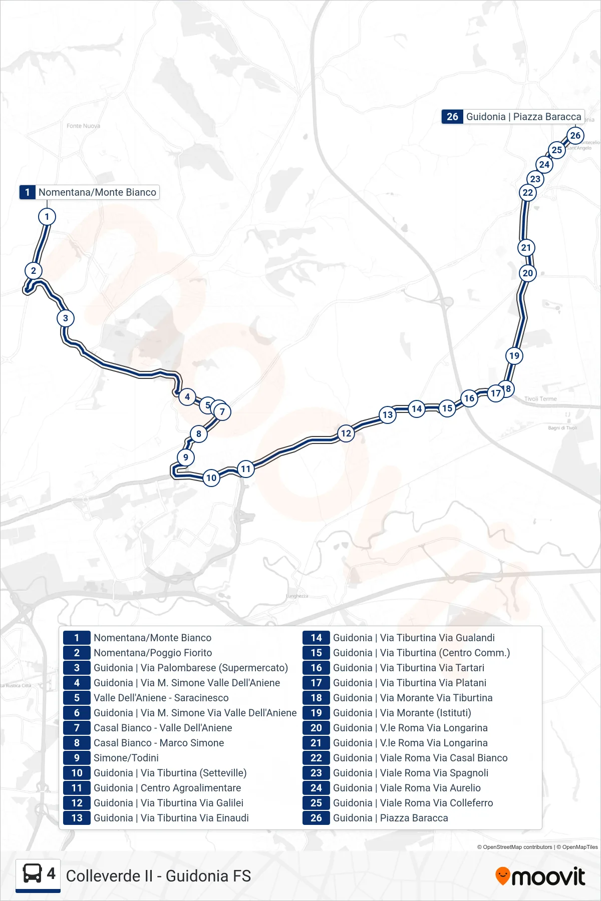 Linea 4 bus (GUIDONIA Stazione FS) - Percorsi e fermate sulla mappa