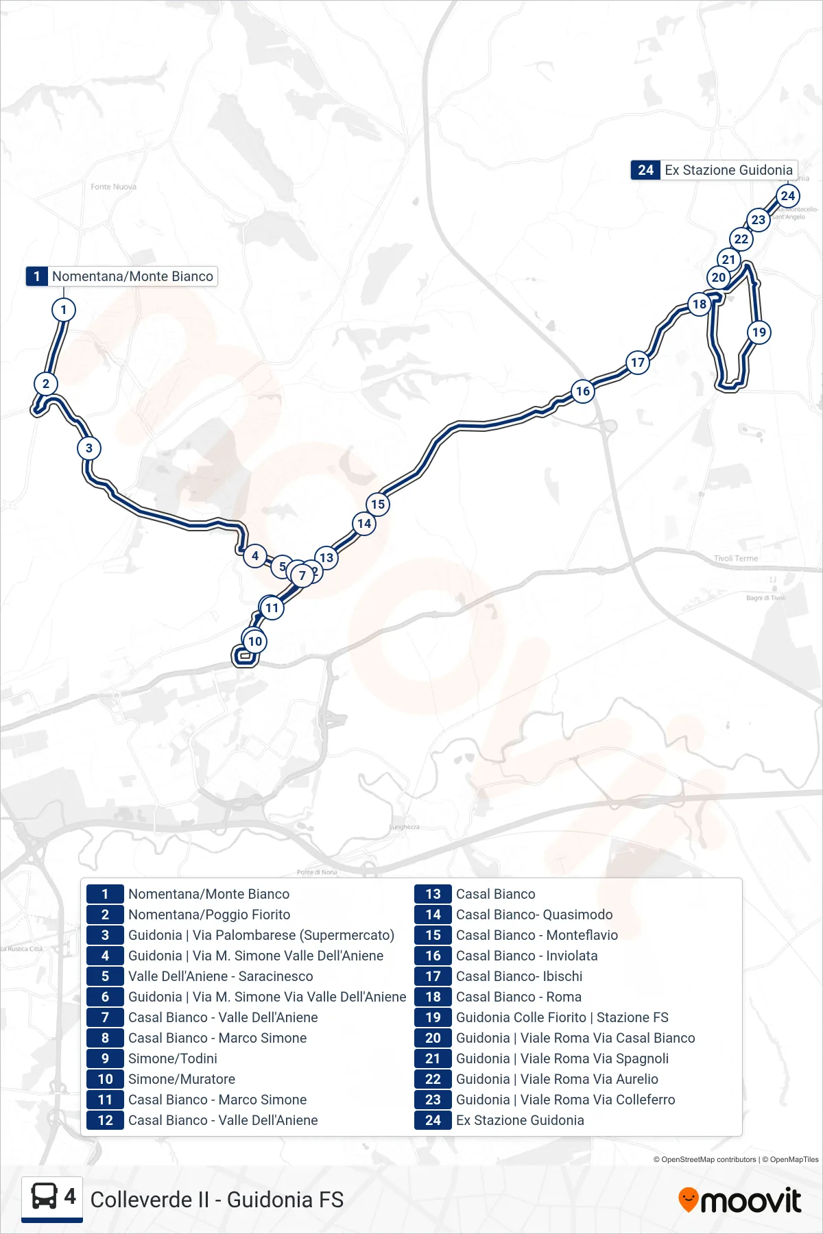 4 bus Line (GUIDONIA Ex Stazione) route and stops on a map