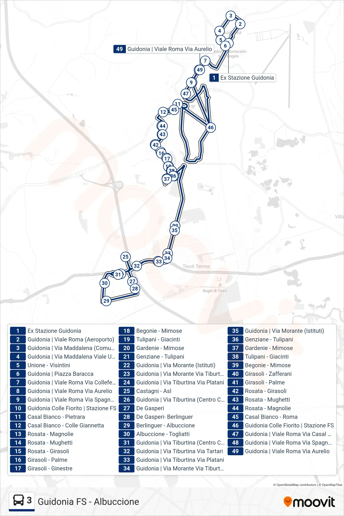 Linea 3 bus (Albuccione - Guidonia FS) - Percorsi e fermate sulla mappa